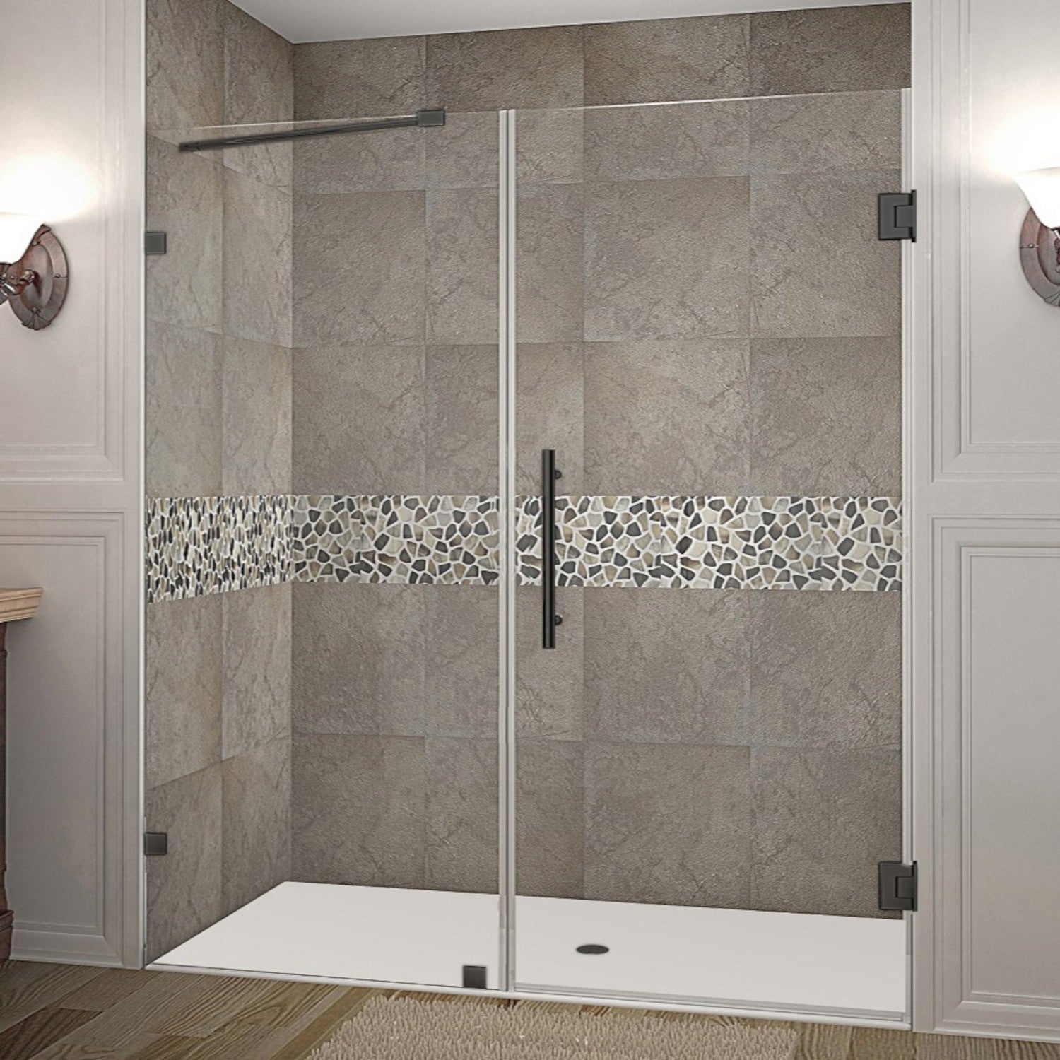 Nautis 75.25 in. to 76.25 in. W x 72 in. H Frameless Hinged Shower Door with Clear Glass in Matte Black 1