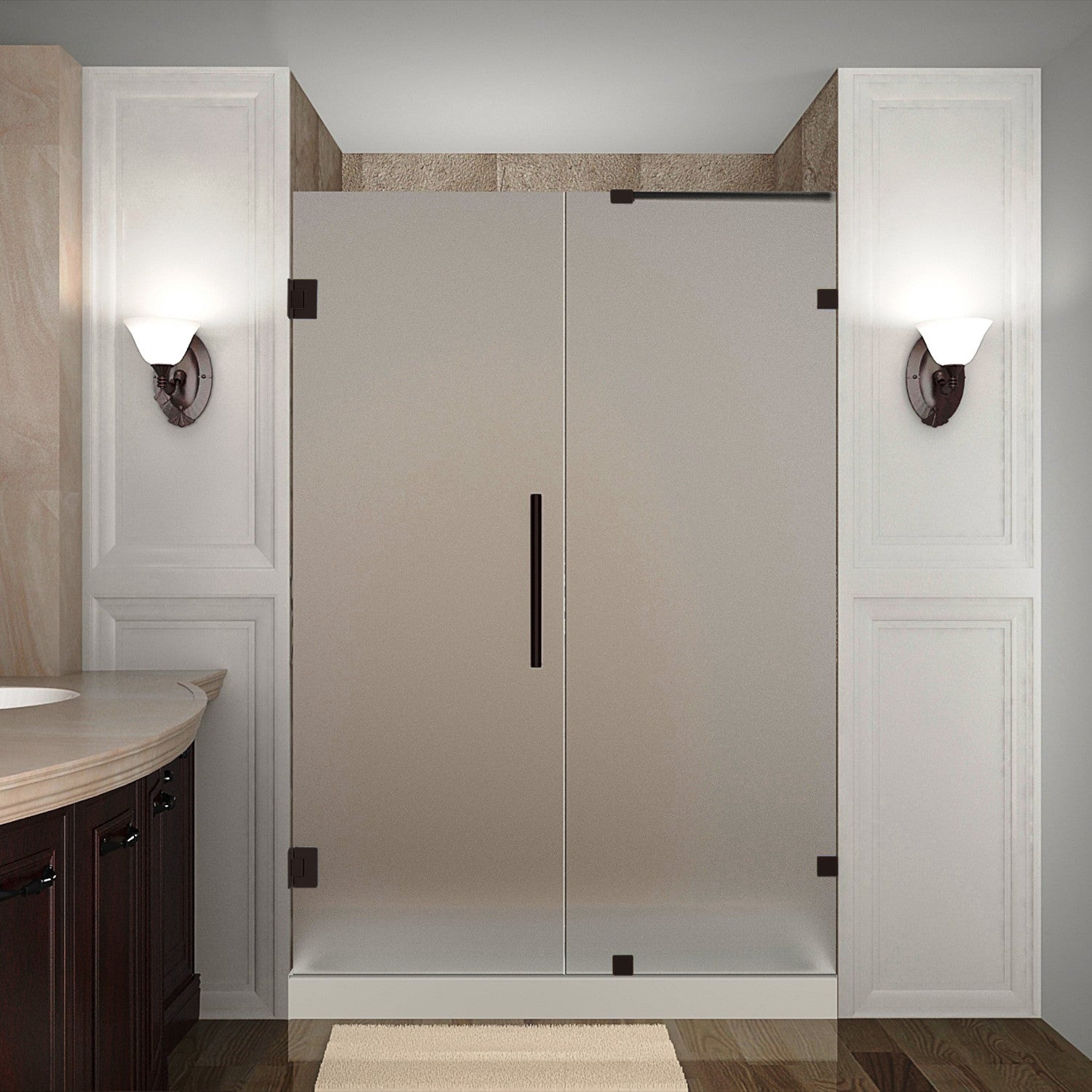 Nautis 75.25 in. to 76.25 in. W x 72 in. H Frameless Hinged Shower Door with Frosted Glass in Bronze 1