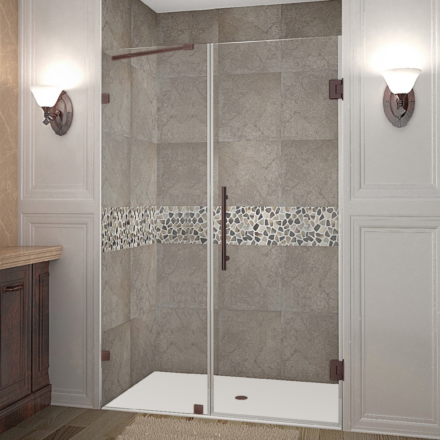 Nautis 50.25 in. to 51.25 in. W x 72 in. H Frameless Hinged Shower Door with Clear Glass in Bronze 1
