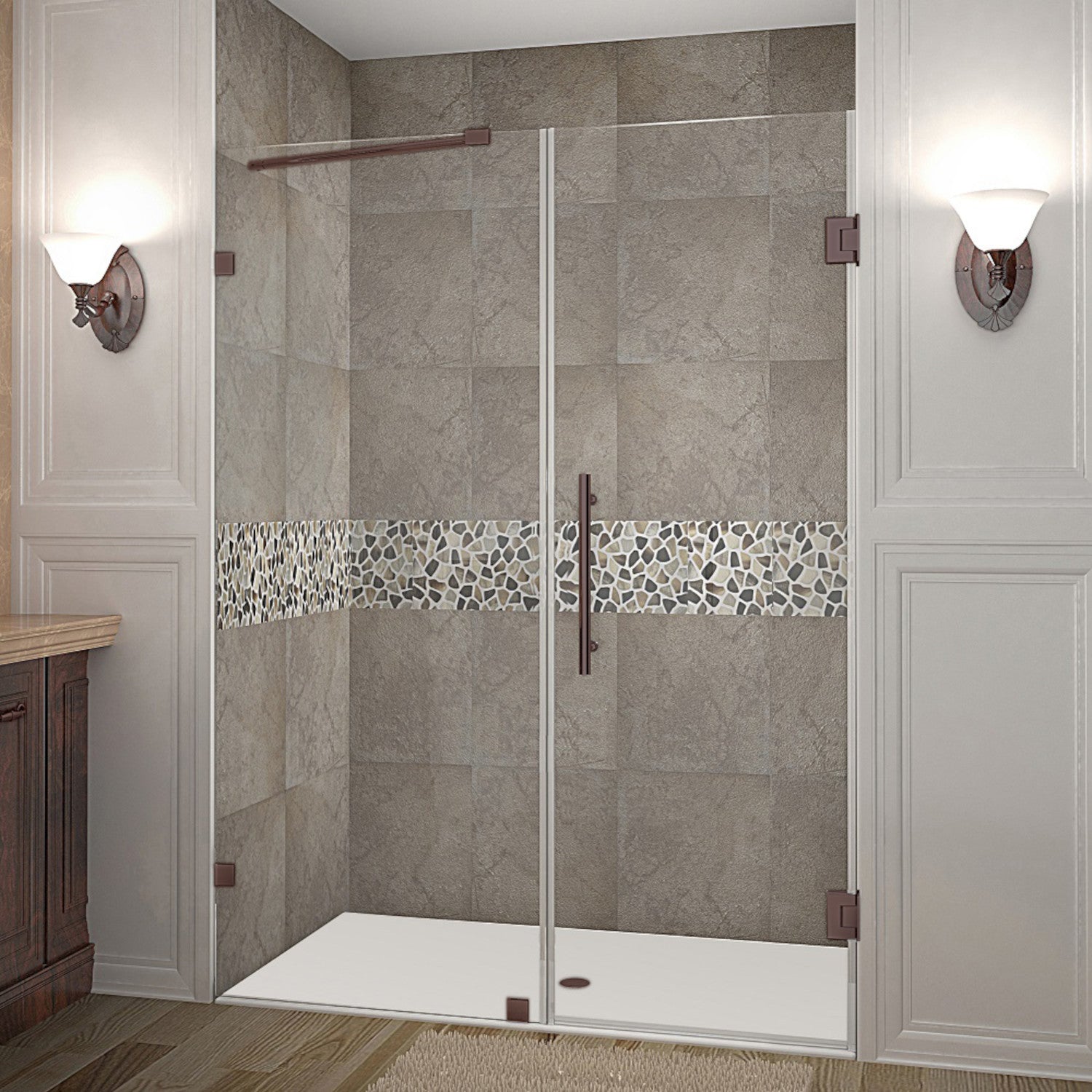 Nautis 53.25 in. to 54.25 in. W x 72 in. H Frameless Hinged Shower Door with Clear Glass in Bronze 1