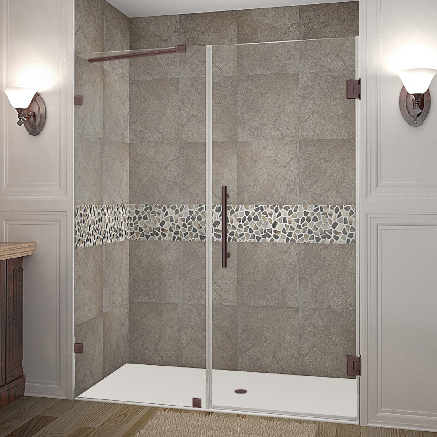 Nautis 62.25 in. to 63.25 in. W x 72 in. H Frameless Hinged Shower Door with Clear Glass in Bronze 1