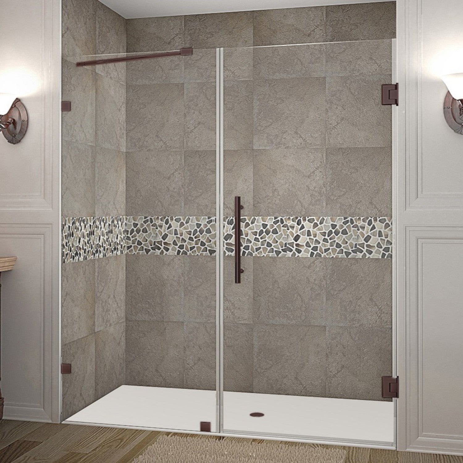 Nautis 69.25 in. to 70.25 in. W x 72 in. H Frameless Hinged Shower Door with Clear Glass in Bronze 1