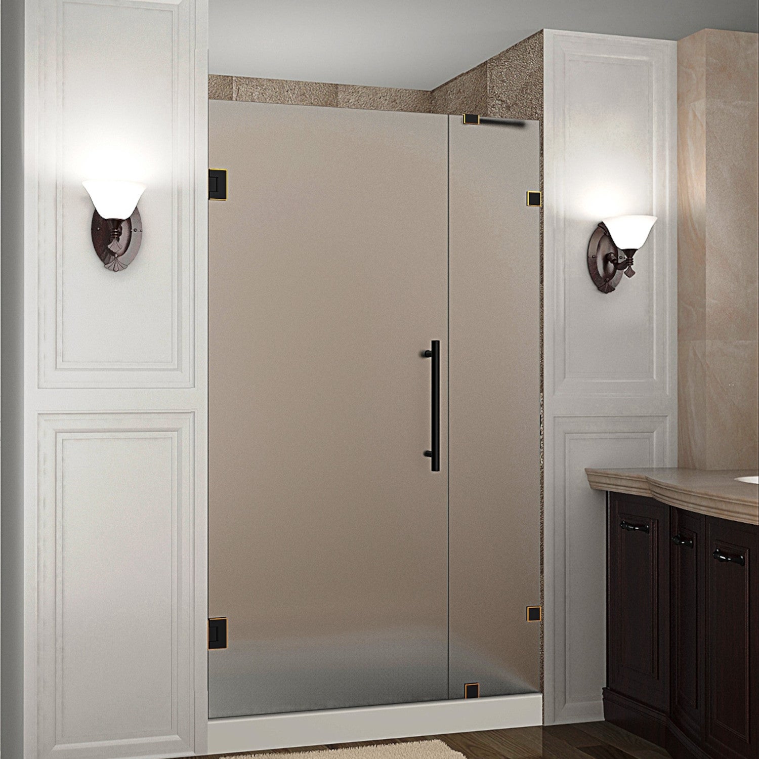 Nautis 33.25 in. to 34.25 in. W x 72 in. H Frameless Hinged Shower Door with Frosted Glass in Oil Rubbed Bronze 1