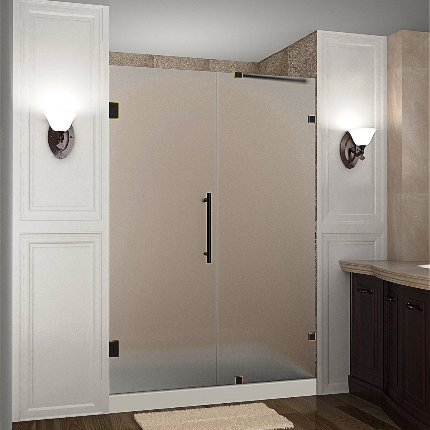 Nautis 50.25 in. to 51.25 in. W x 72 in. H Frameless Hinged Shower Door with Frosted Glass in Oil Rubbed Bronze 1