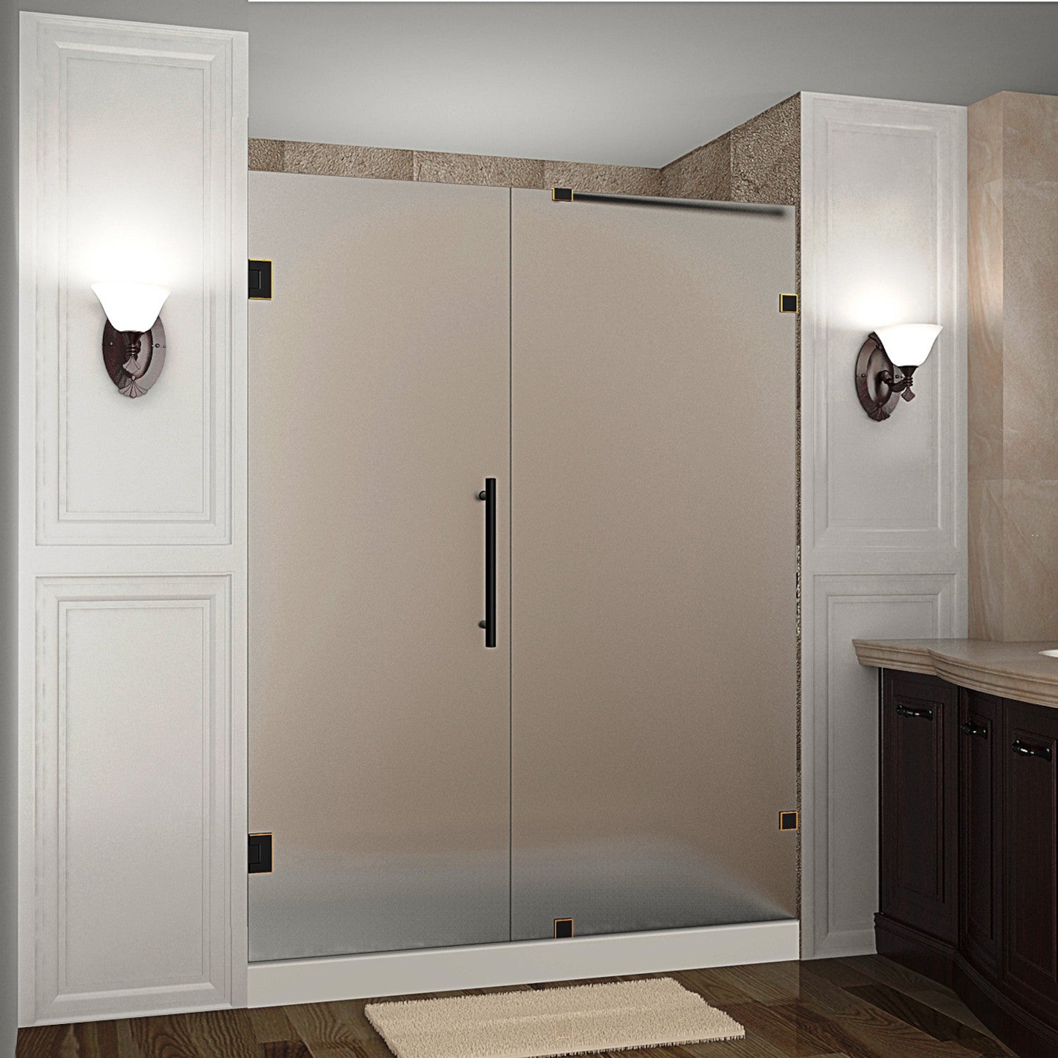 Nautis 58.25 in. to 59.25 in. W x 72 in. H Frameless Hinged Shower Door with Frosted Glass in Oil Rubbed Bronze 1
