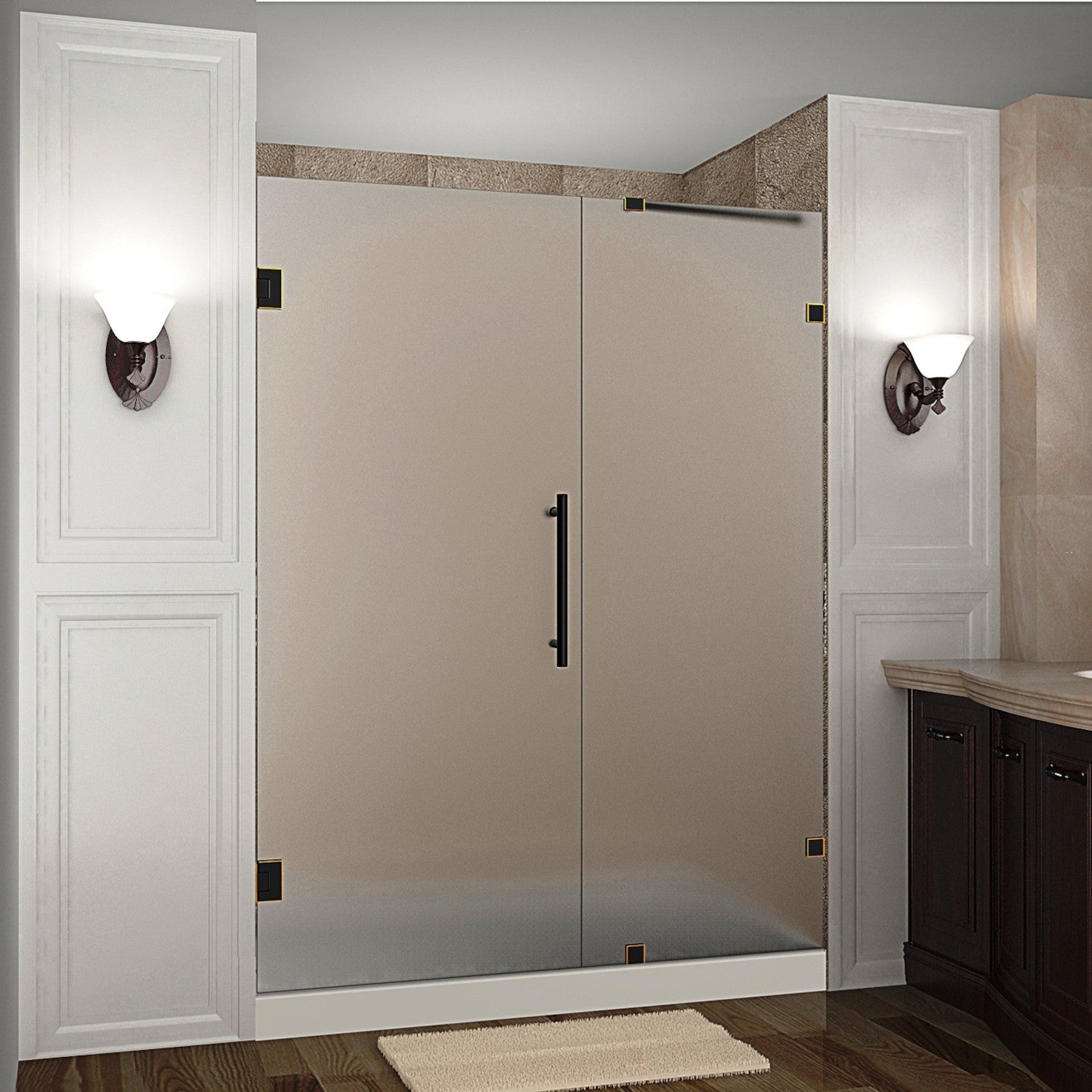 Nautis 69.25 in. to 70.25 in. W x 72 in. H Frameless Hinged Shower Door with Frosted Glass in Oil Rubbed Bronze 1