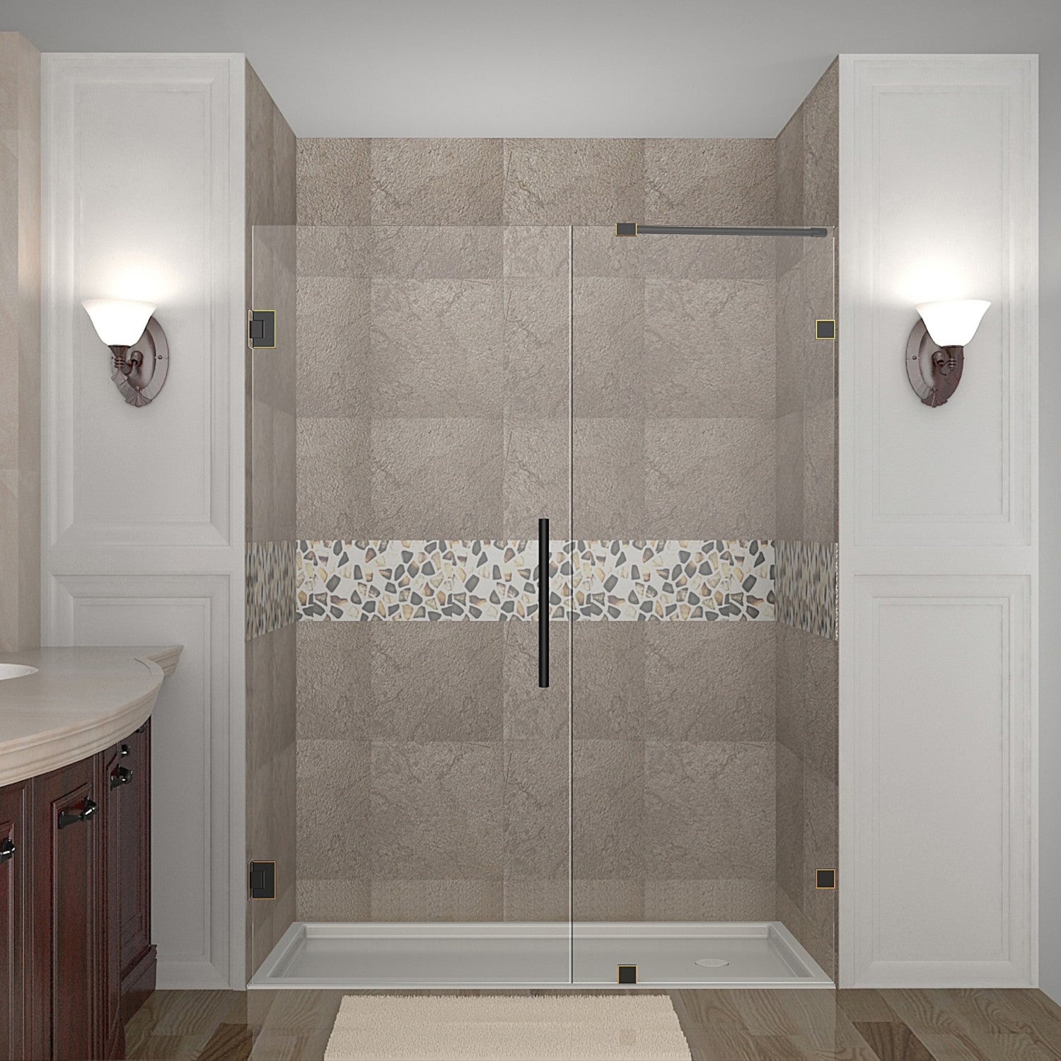 Nautis 63.25 in. to 64.25 in. W x 72 in. H Frameless Hinged Shower Door with Clear Glass in Oil Rubbed Bronze 1