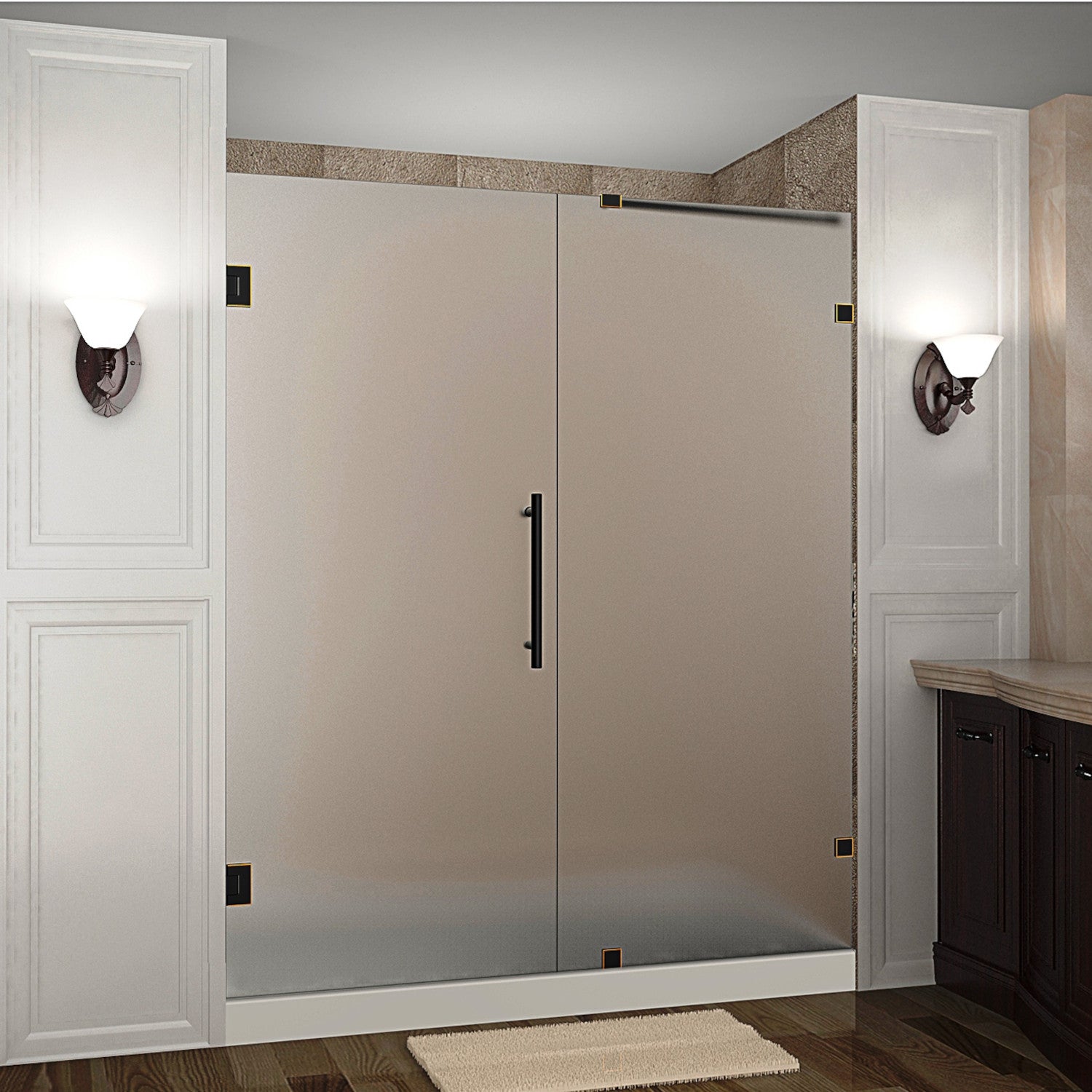 Nautis 73.25 in. to 74.25 in. W x 72 in. H Frameless Hinged Shower Door with Frosted Glass in Oil Rubbed Bronze 1