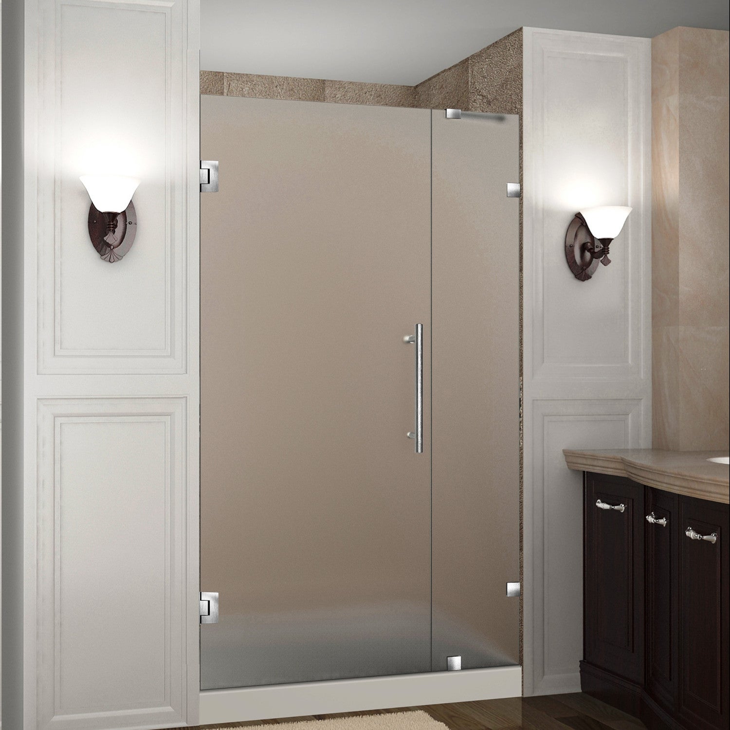 Nautis 32.25 in. to 33.25 in. W x 72 in. H Frameless Hinged Shower Door with Frosted Glass in Stainless Steel 1