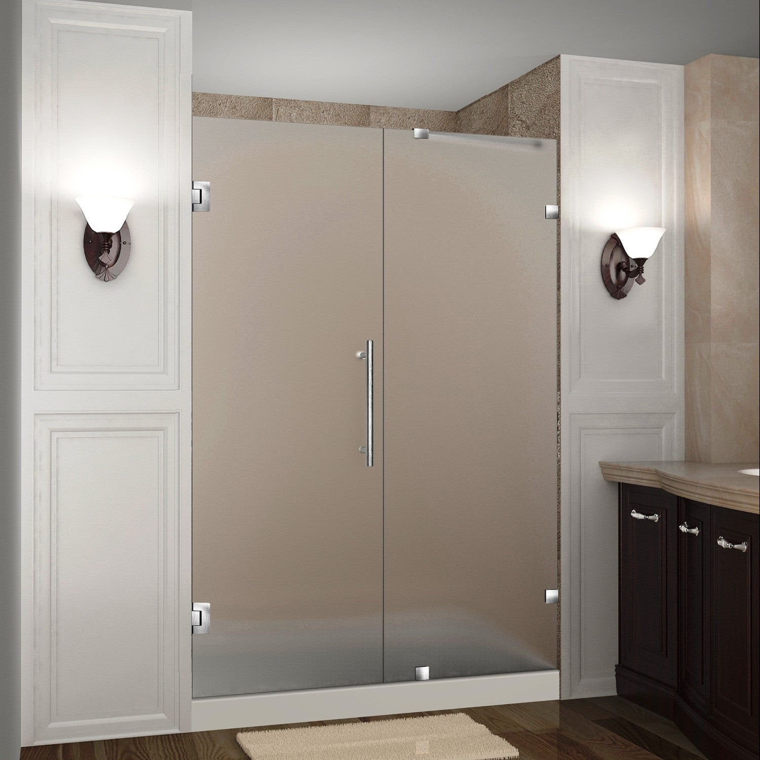 Nautis 45.25 in. to 46.25 in. W x 72 in. H Frameless Hinged Shower Door with Frosted Glass in Stainless Steel 1