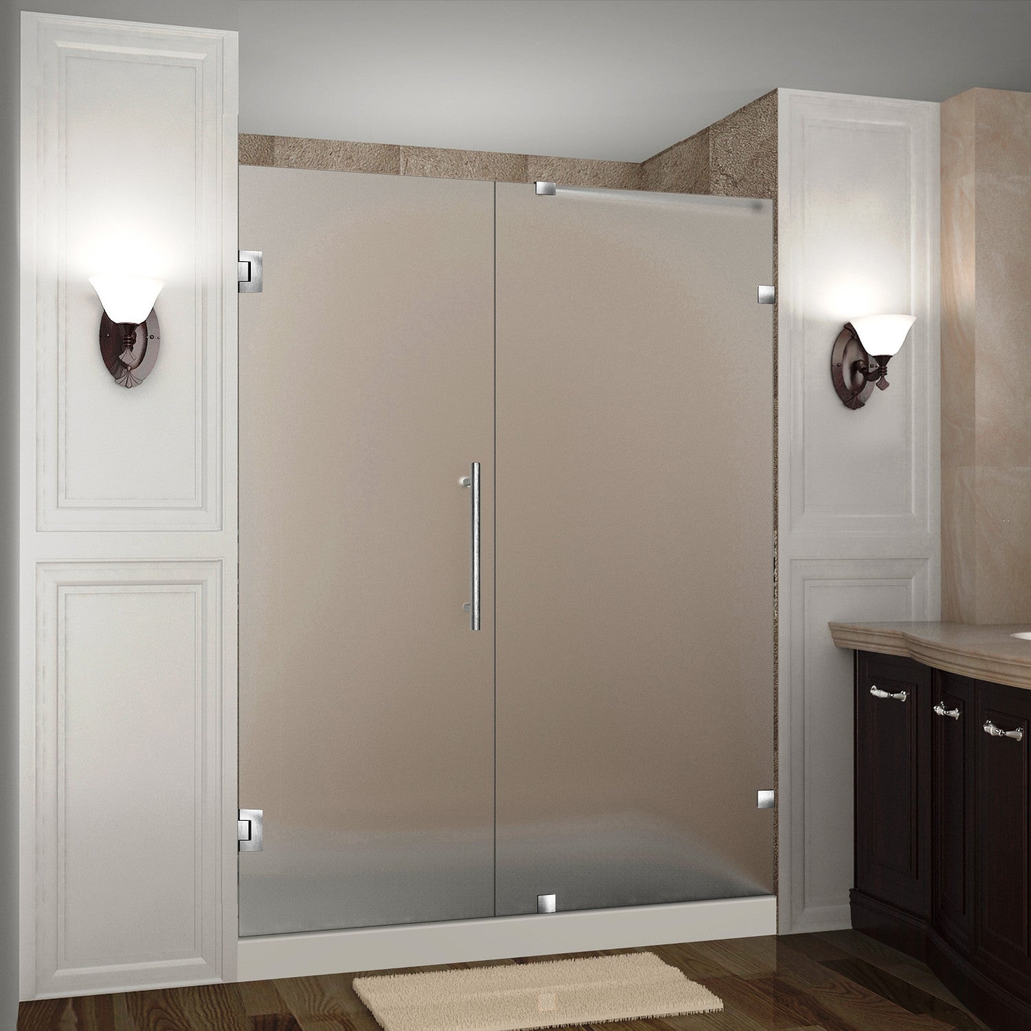 Nautis 57.25 in. to 58.25 in. W x 72 in. H Frameless Hinged Shower Door with Frosted Glass in Stainless Steel 1