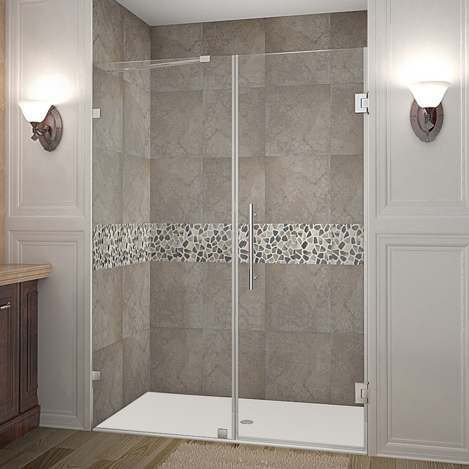 Nautis 54.25 in. to 55.25 in. W x 72 in. H Frameless Hinged Shower Door with Clear Glass in Stainless Steel 1