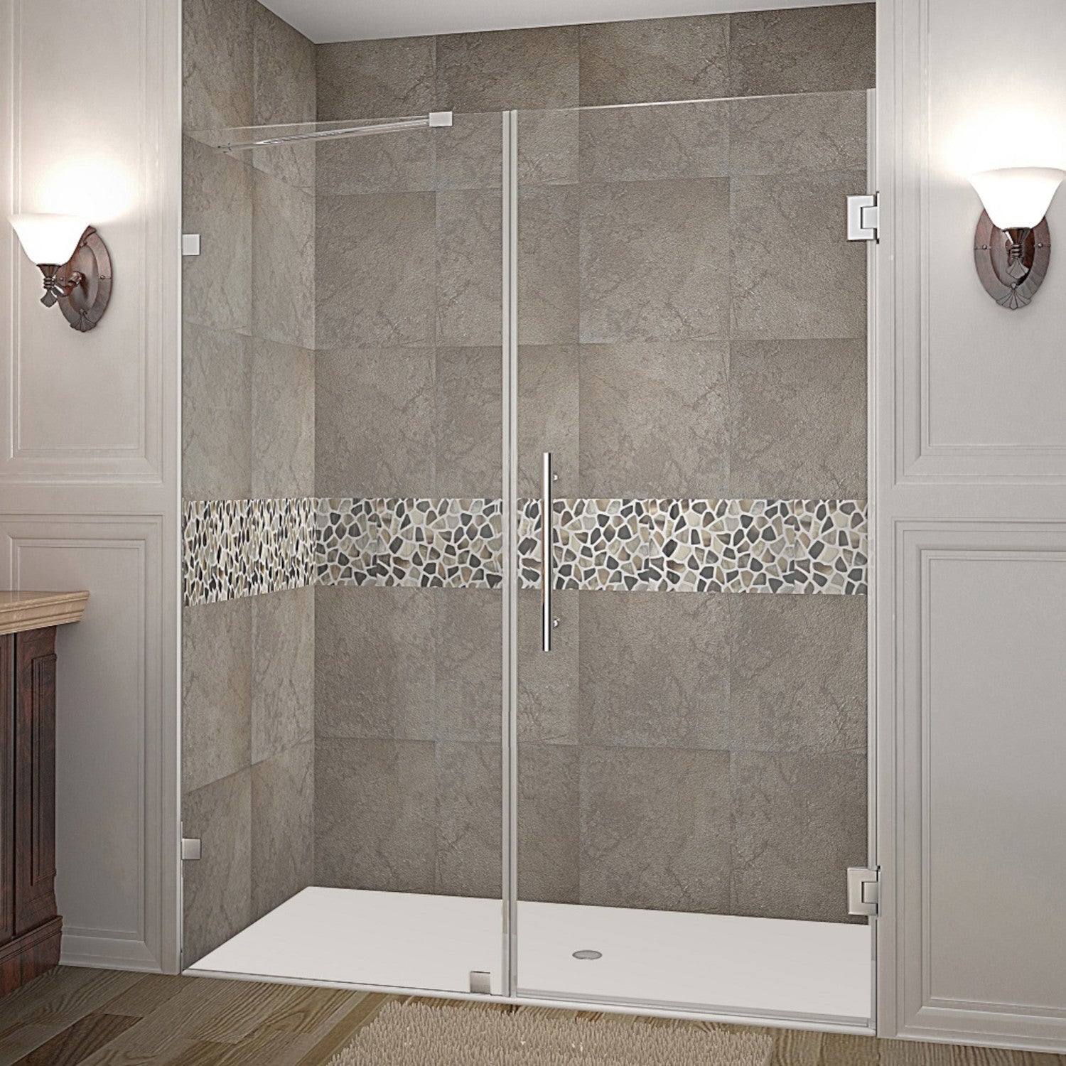 Nautis 75.25 in. to 76.25 in. W x 72 in. H Frameless Hinged Shower Door with Clear Glass in Stainless Steel 1