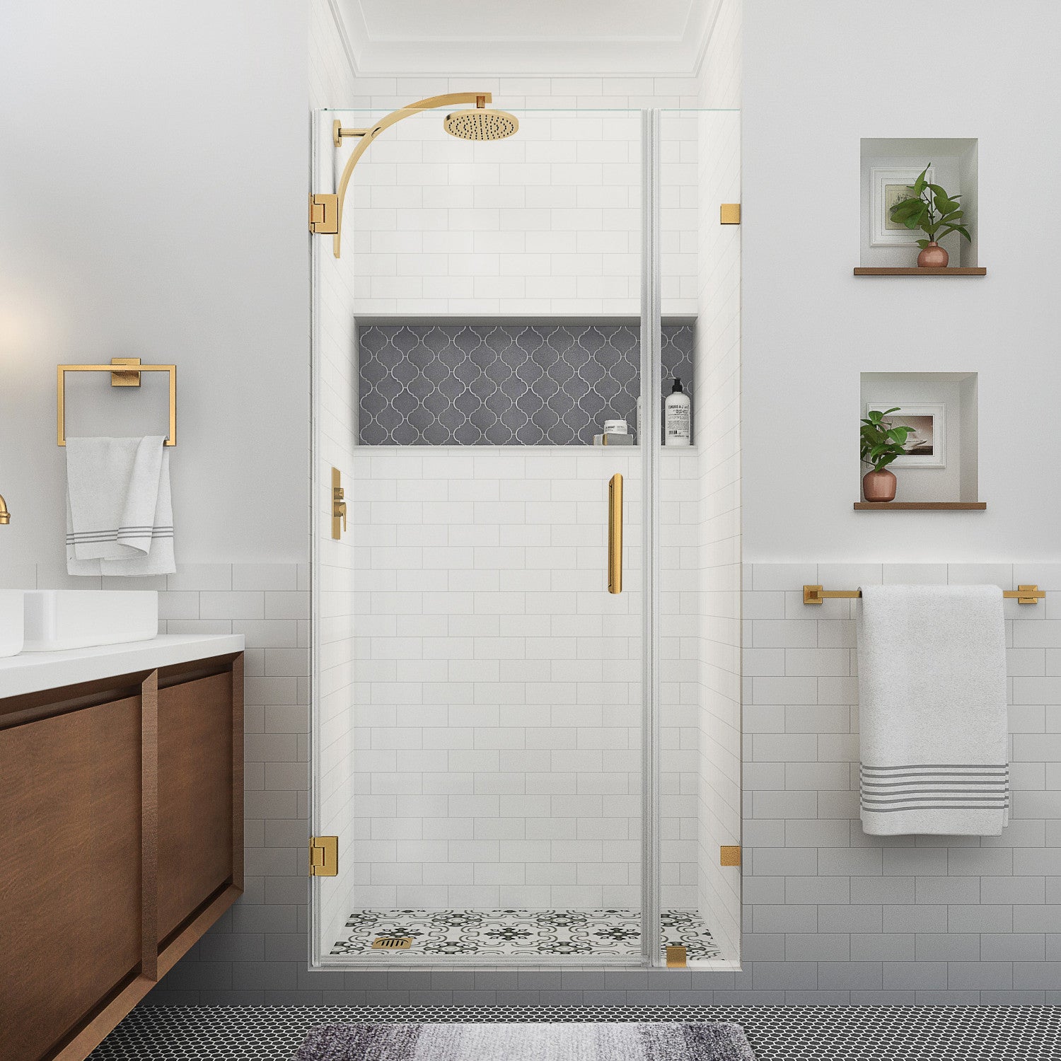 Nautis XL 35.25 in. to 36.25 in. W x 80 in. H Frameless Hinged Shower Door with Clear Glass in Brushed Gold (30 in. Door and 6 in. Fixed Panel) 2
