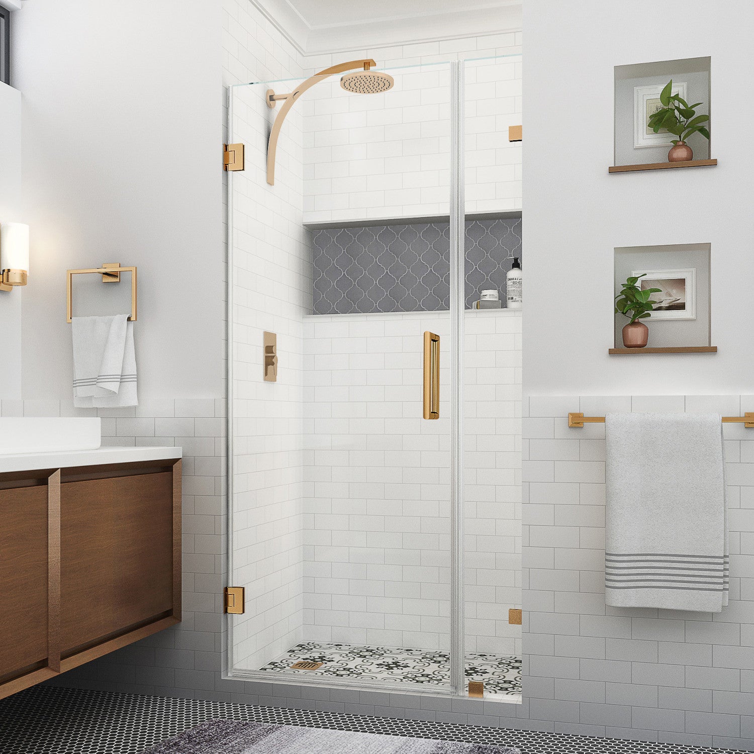 Nautis XL 45.25 in. to 46.25 in. W x 80 in. H Frameless Hinged Shower Door with Clear Glass in Brushed Gold (36 in. Door and 10 in. Fixed Panel) 1