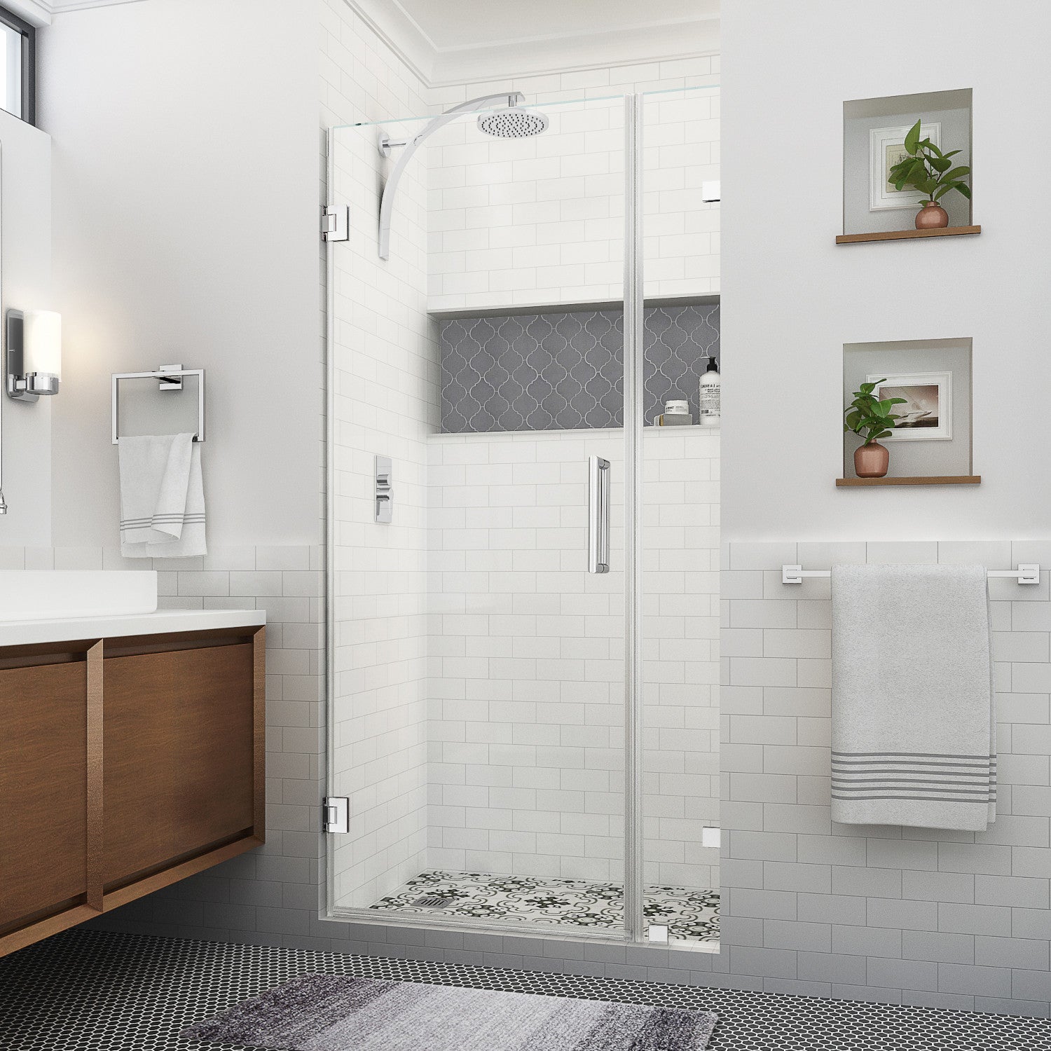 Nautis XL 34.25 in. to 35.25 in. W x 80 in. H Frameless Hinged Shower Door with Clear Glass in Chrome (25 in. Door and 10 in. Fixed Panel) 1