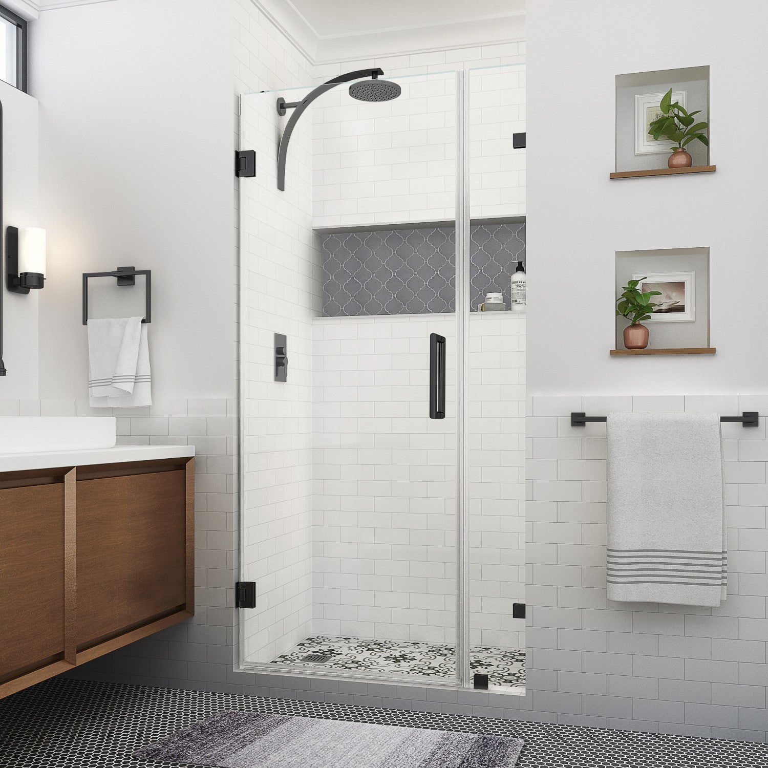 Nautis XL 45.25 in. to 46.25 in. W x 80 in. H Frameless Hinged Shower Door with Clear Glass in Matte Black (36 in. Door and 10 in. Fixed Panel) 1