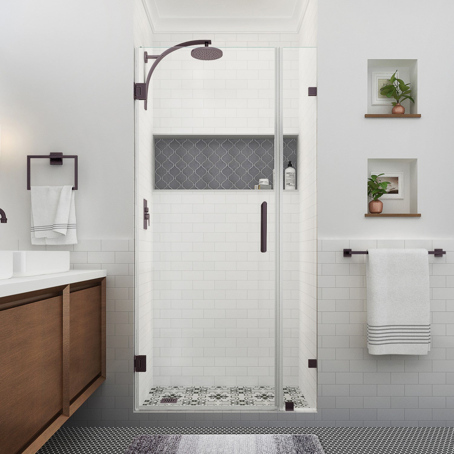 Nautis XL 46.25 in. to 47.25 in. W x 80 in. H Frameless Hinged Shower Door with Clear Glass in Bronze (37 in. Door and 10 in. Fixed Panel) 2