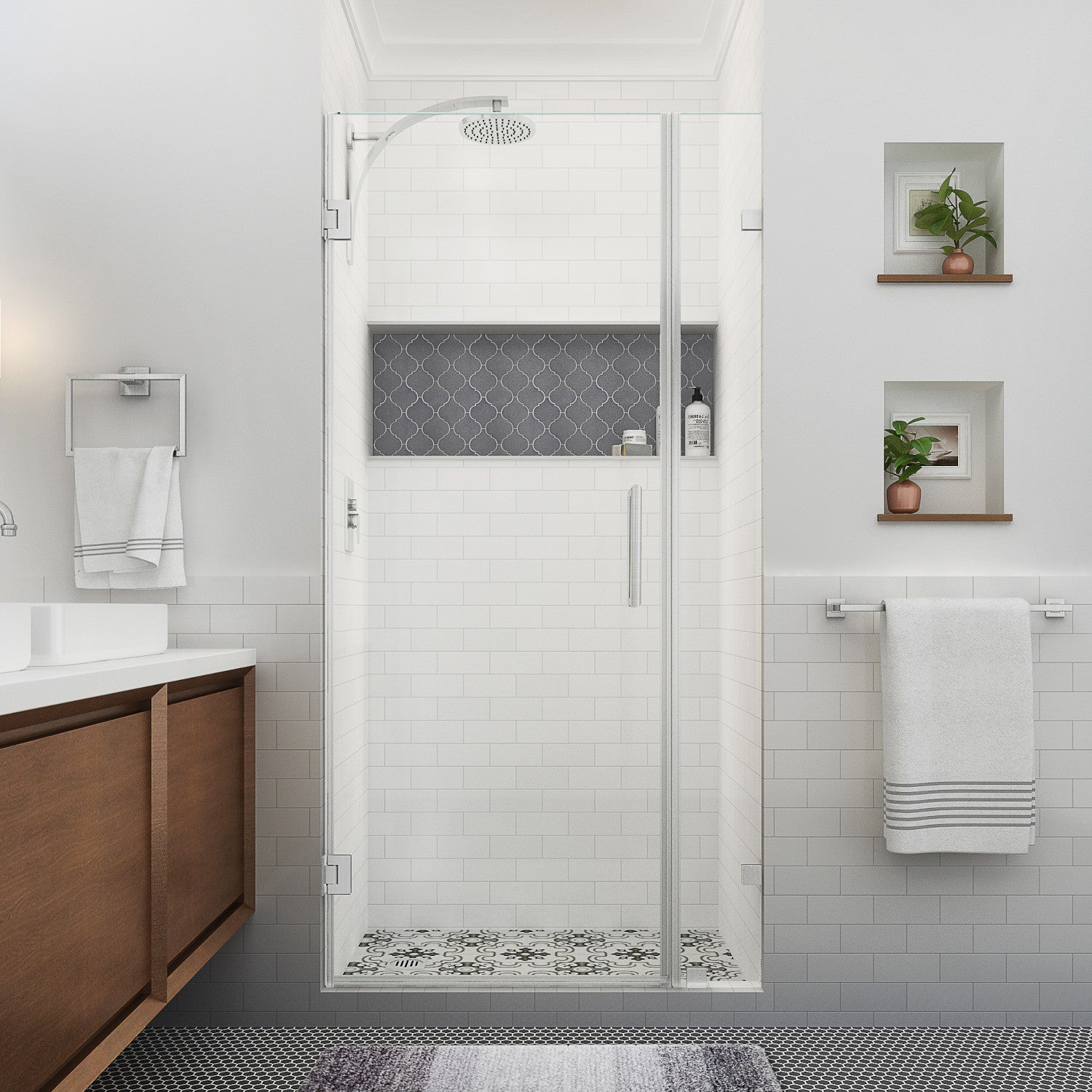 Nautis XL 43.25 in. to 44.25 in. W x 80 in. H Frameless Hinged Shower Door with Clear Glass in Stainless Steel (34 in. Door and 10 in. Fixed Panel) 2