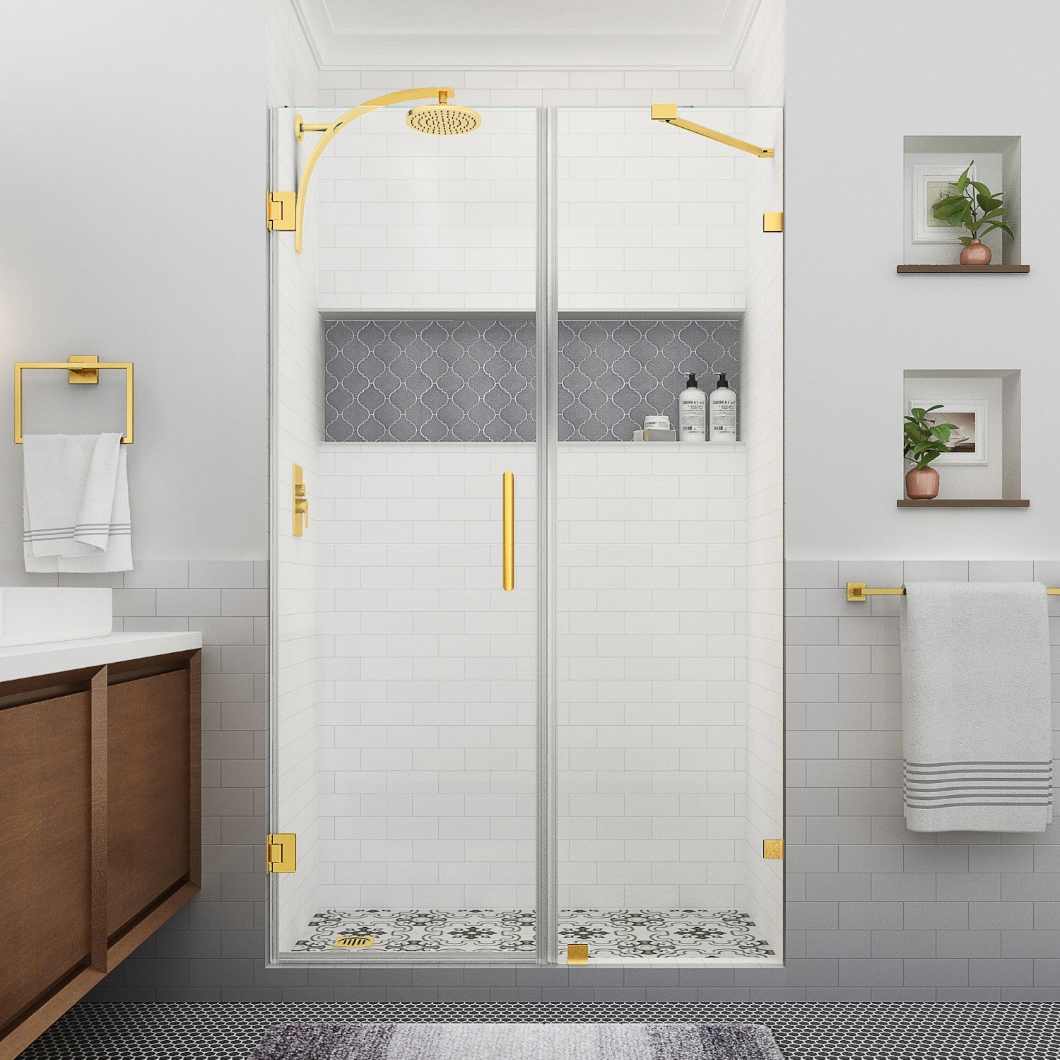 Nautis XL 57.25 in. to 58.25 in. W x 80 in. H Frameless Hinged Shower Door with Clear Glass in Brushed Gold (36 in. Door and 22 in. Fixed Panel) 1