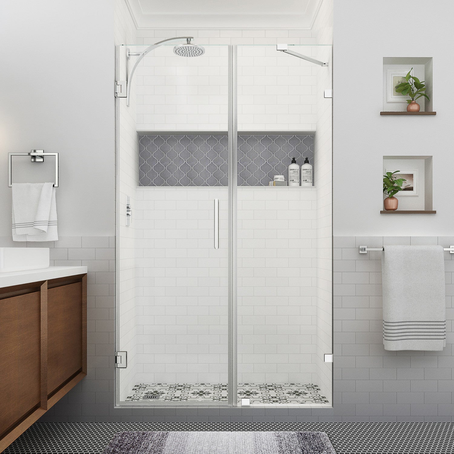 Nautis XL 54.25 in. to 55.25 in. W x 80 in. H Frameless Hinged Shower Door with Clear Glass in Chrome (33 in. Door and 22 in. Fixed Panel) 2