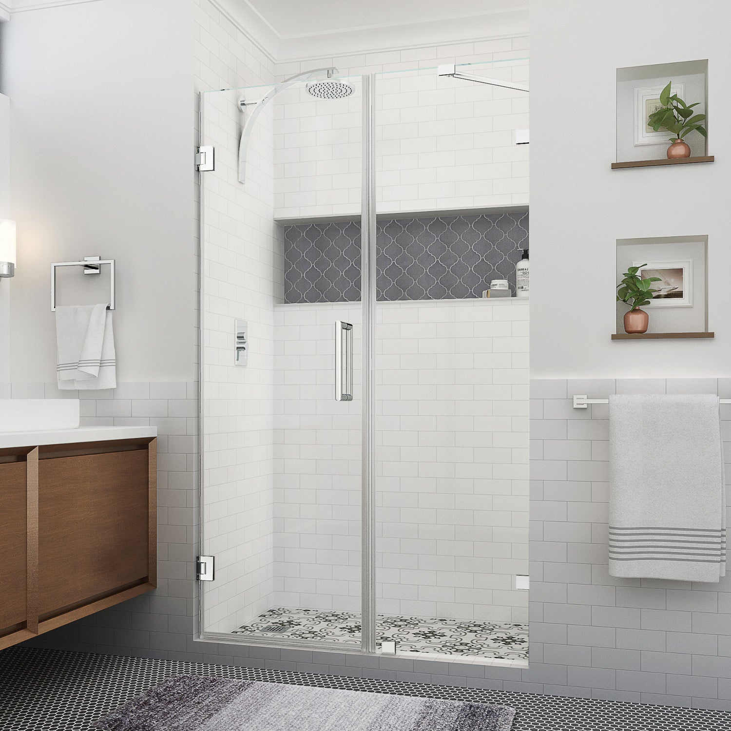 Nautis XL 54.25 in. to 55.25 in. W x 80 in. H Frameless Hinged Shower Door with Clear Glass in Chrome (33 in. Door and 22 in. Fixed Panel) 1