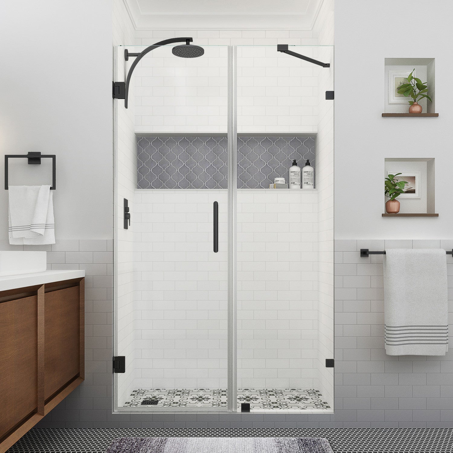 Nautis XL 59.25 in. to 60.25 in. W x 80 in. H Frameless Hinged Shower Door with Clear Glass in Matte Black 2