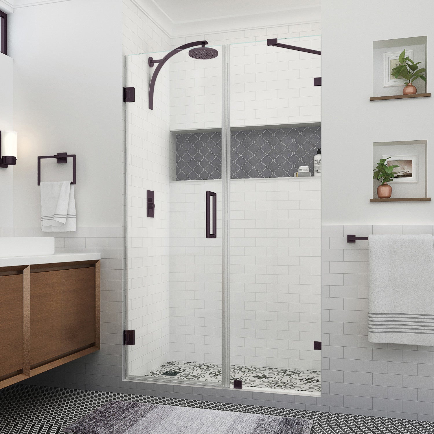 Nautis XL 59.25 in. to 60.25 in. W x 80 in. H Frameless Hinged Shower Door with Clear Glass in Bronze 1