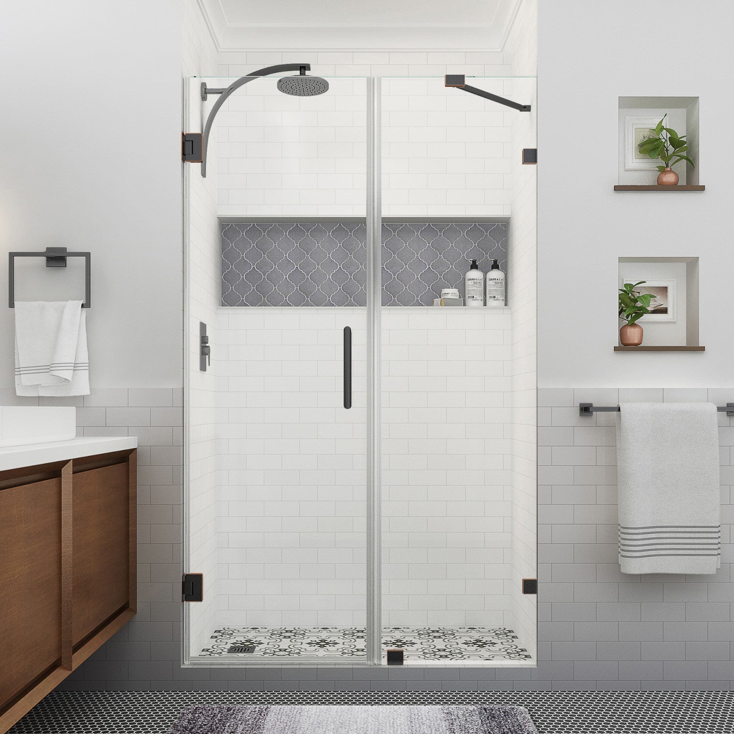 Nautis XL 61.25 in. to 62.25 in. W x 80 in. H Frameless Hinged Shower Door with Clear Glass in Oil Rubbed Bronze (38 in. Door and 24 in. Fixed Panel) 2