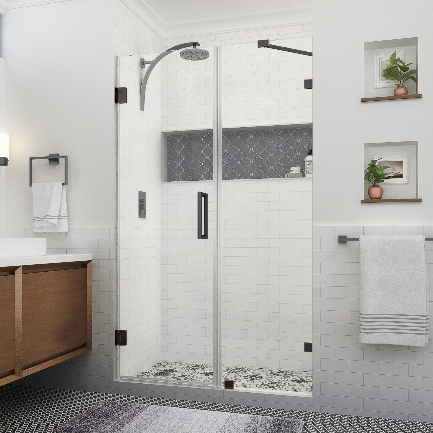 Nautis XL 61.25 in. to 62.25 in. W x 80 in. H Frameless Hinged Shower Door with Clear Glass in Oil Rubbed Bronze (38 in. Door and 24 in. Fixed Panel) 1