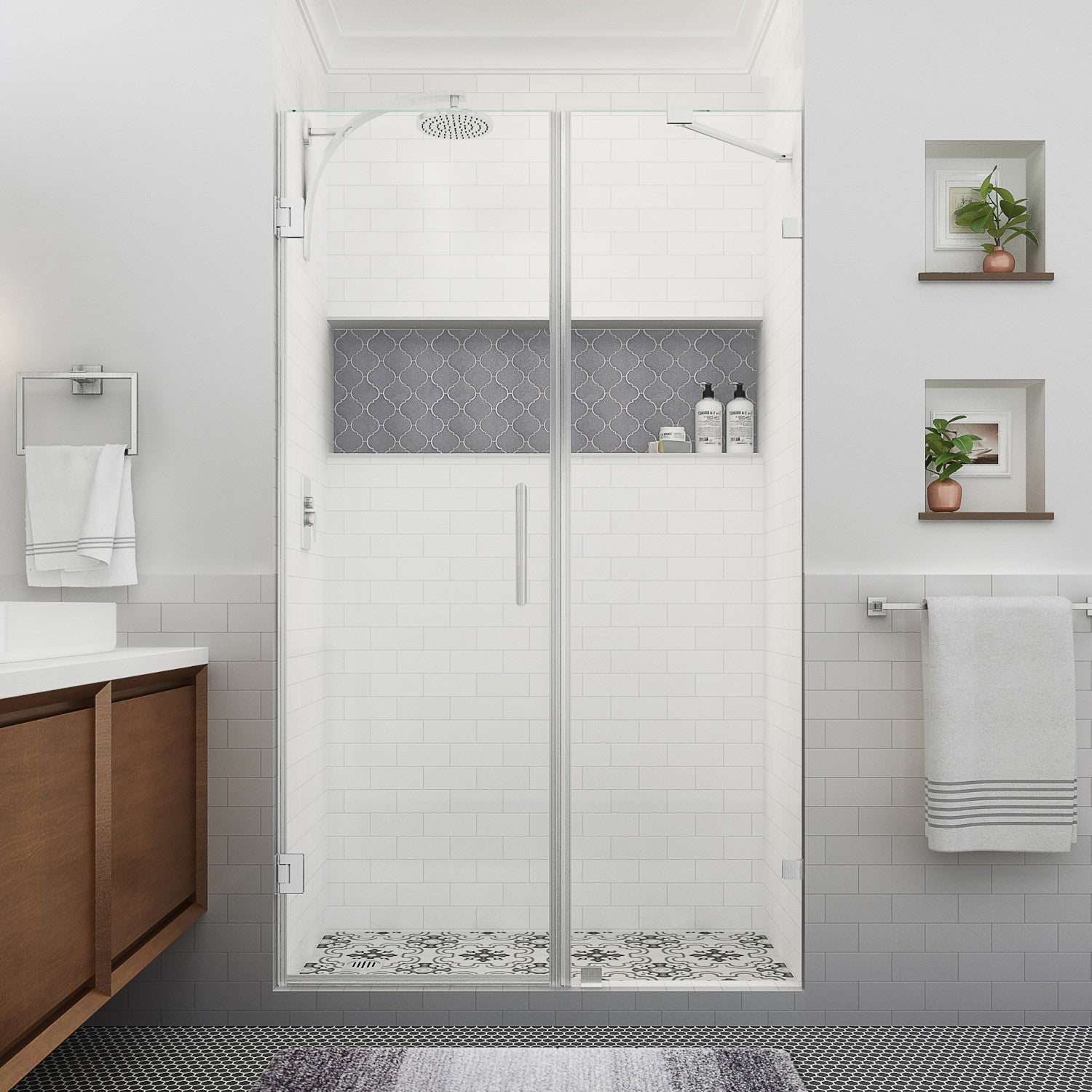 Nautis XL 53.25 in. to 54.25 in. W x 80 in. H Frameless Hinged Shower Door with Clear Glass in Stainless Steel (32 in. Door and 22 in. Fixed Panel) 2