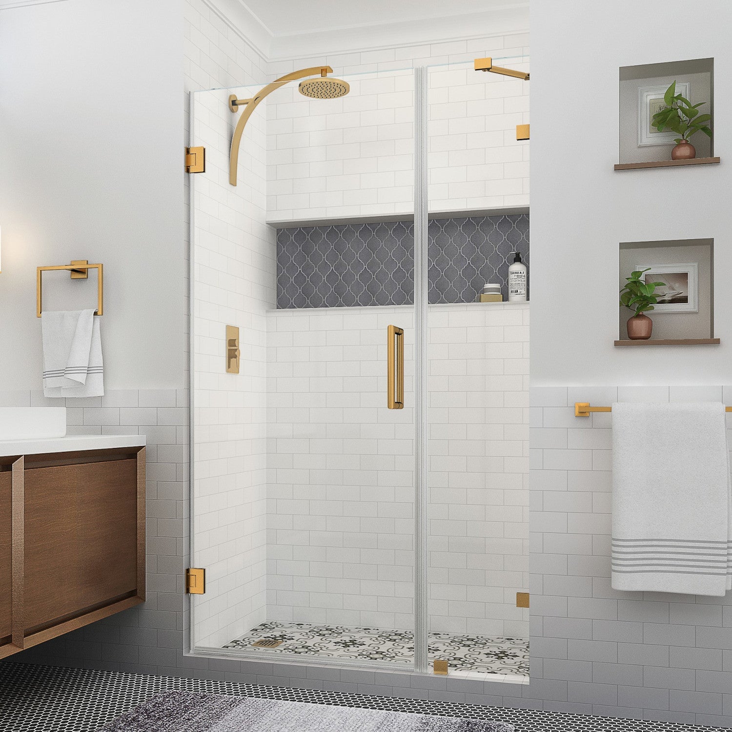 Nautis XL 51.25 in. to 52.25 in. W x 80 in. H Frameless Hinged Shower Door with Clear Glass in Brushed Gold 1