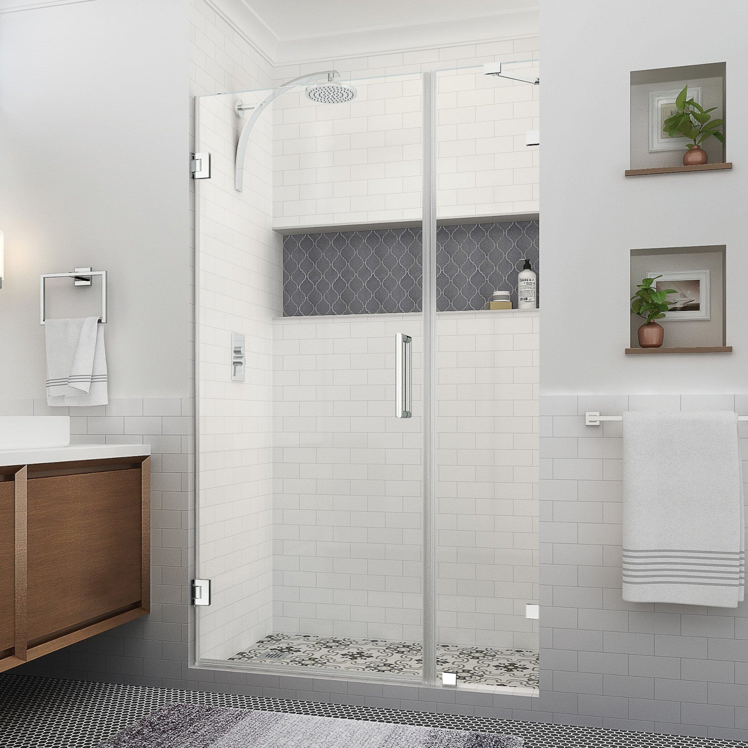 Nautis XL 47.25 in. to 48.25 in. W x 80 in. H Frameless Hinged Shower Door with Clear Glass in Chrome (34 in. Door and 14 in. Fixed Panel) 1