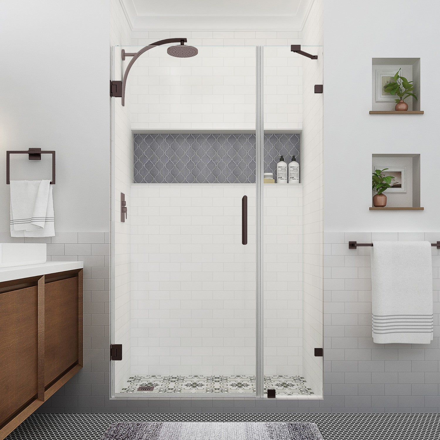 Nautis XL 49.25 in. to 50.25 in. W x 80 in. H Frameless Hinged Shower Door with Clear Glass in Bronze (36 in. Door and 14 in. Fixed Panel) 2