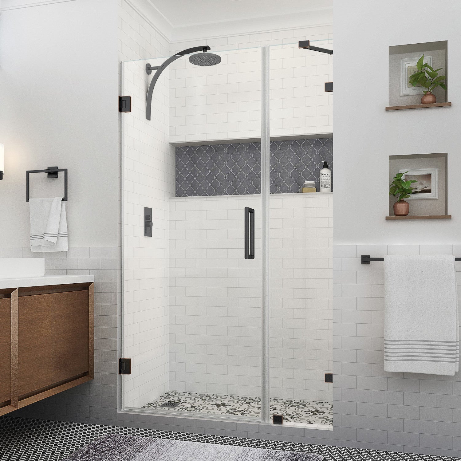 Nautis XL 51.25 in. to 52.25 in. W x 80 in. H Frameless Hinged Shower Door with Clear Glass in Oil Rubbed Bronze (38 in. Door and 14 in. Fixed Panel) 1