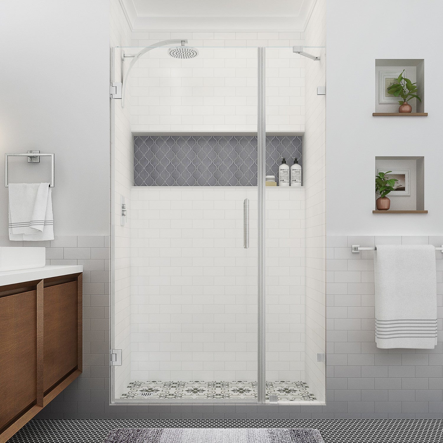 Nautis XL 51.25 in. to 52.25 in. W x 80 in. H Frameless Hinged Shower Door with Clear Glass in Stainless Steel (38 in. Door and 14 in. Fixed Panel) 2