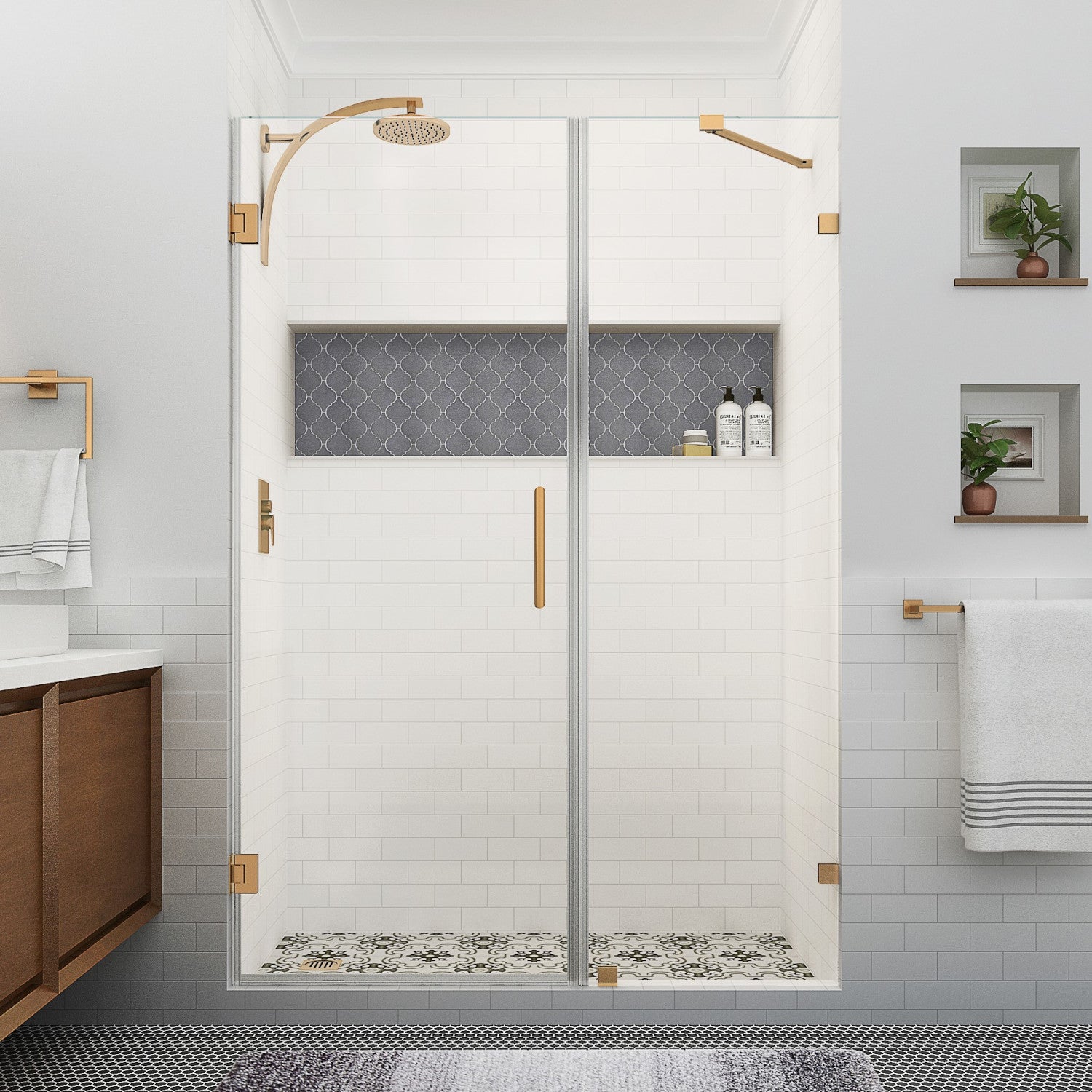 Nautis XL 61.25 in. to 62.25 in. W x 80 in. H Frameless Hinged Shower Door with Clear Glass in Brushed Gold 2
