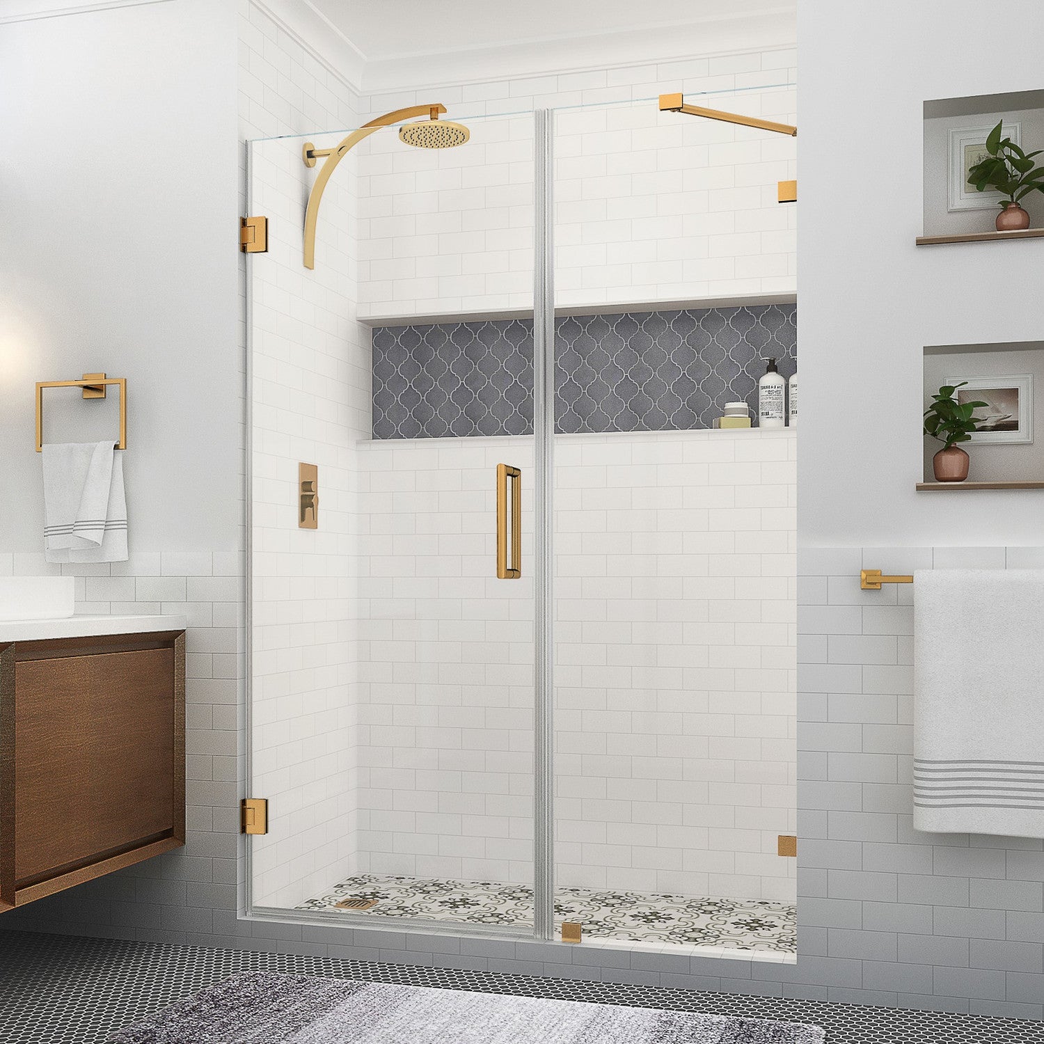 Nautis XL 61.25 in. to 62.25 in. W x 80 in. H Frameless Hinged Shower Door with Clear Glass in Brushed Gold 1