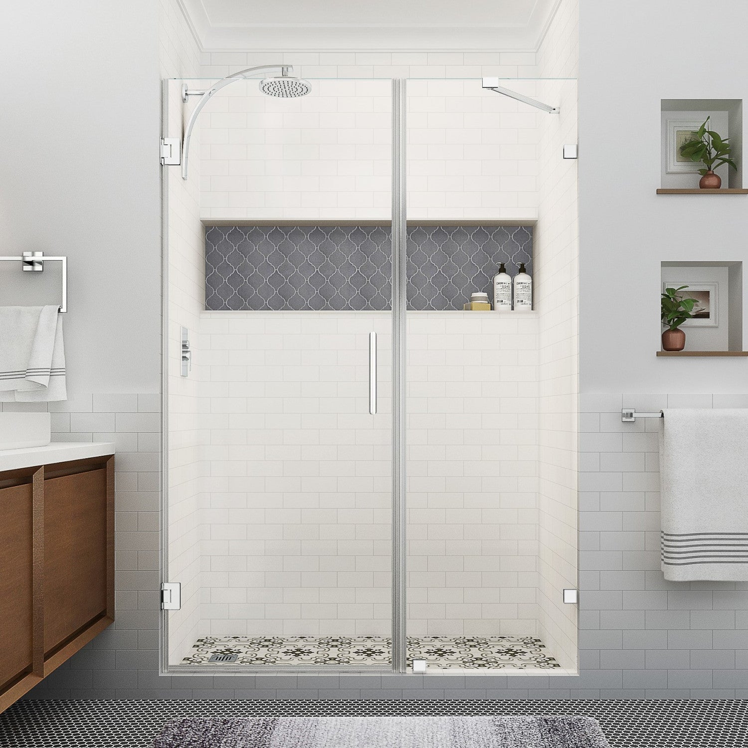 Nautis XL 61.25 in. to 62.25 in. W x 80 in. H Frameless Hinged Shower Door with Clear Glass in Chrome (38 in. Door and 24 in. Fixed Panel) 2