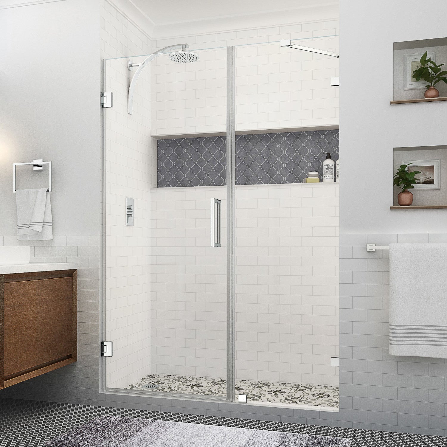 Nautis XL 59.25 in. to 60.25 in. W x 80 in. H Frameless Hinged Shower Door with Clear Glass in Chrome (36 in. Door and 24 in. Fixed Panel) 1