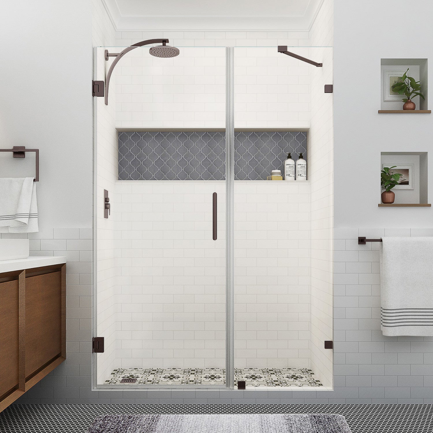 Nautis XL 61.25 in. to 62.25 in. W x 80 in. H Frameless Hinged Shower Door with Clear Glass in Bronze (38 in. Door and 24 in. Fixed Panel) 2