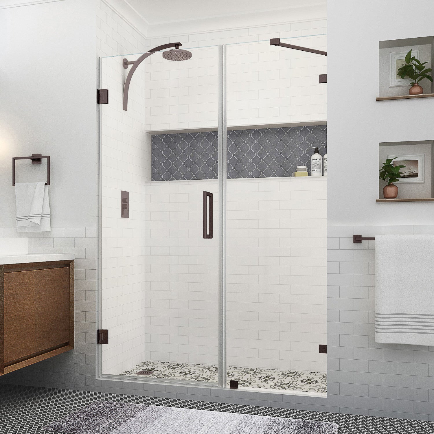 Nautis XL 60.25 in. to 61.25 in. W x 80 in. H Frameless Hinged Shower Door with Clear Glass in Bronze (37 in. Door and 24 in. Fixed Panel) 1