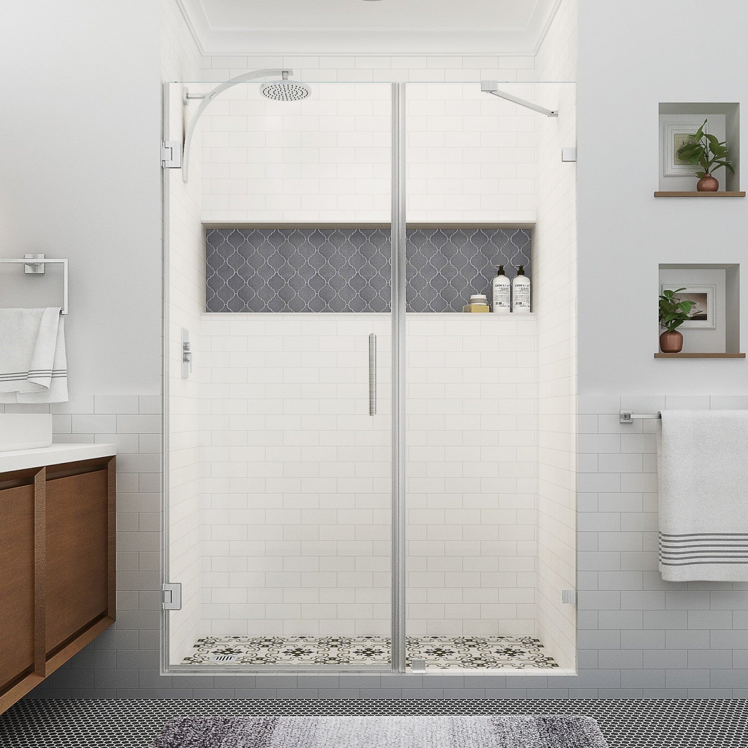 Nautis XL 58.25 in. to 59.25 in. W x 80 in. H Frameless Hinged Shower Door with Clear Glass in Stainless Steel (35 in. Door and 24 in. Fixed Panel) 2