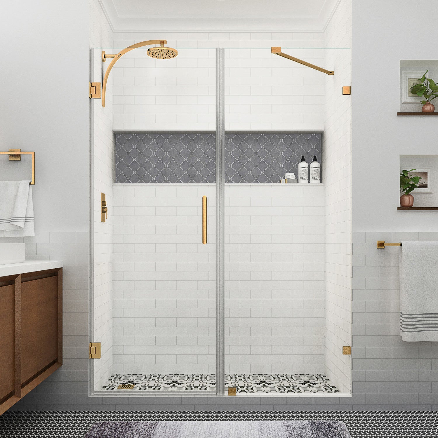 Nautis XL 68.25 in. to 69.25 in. W x 80 in. H Frameless Hinged Shower Door with Clear Glass in Brushed Gold (35 in. Door and 34 in. Fixed Panel) 2