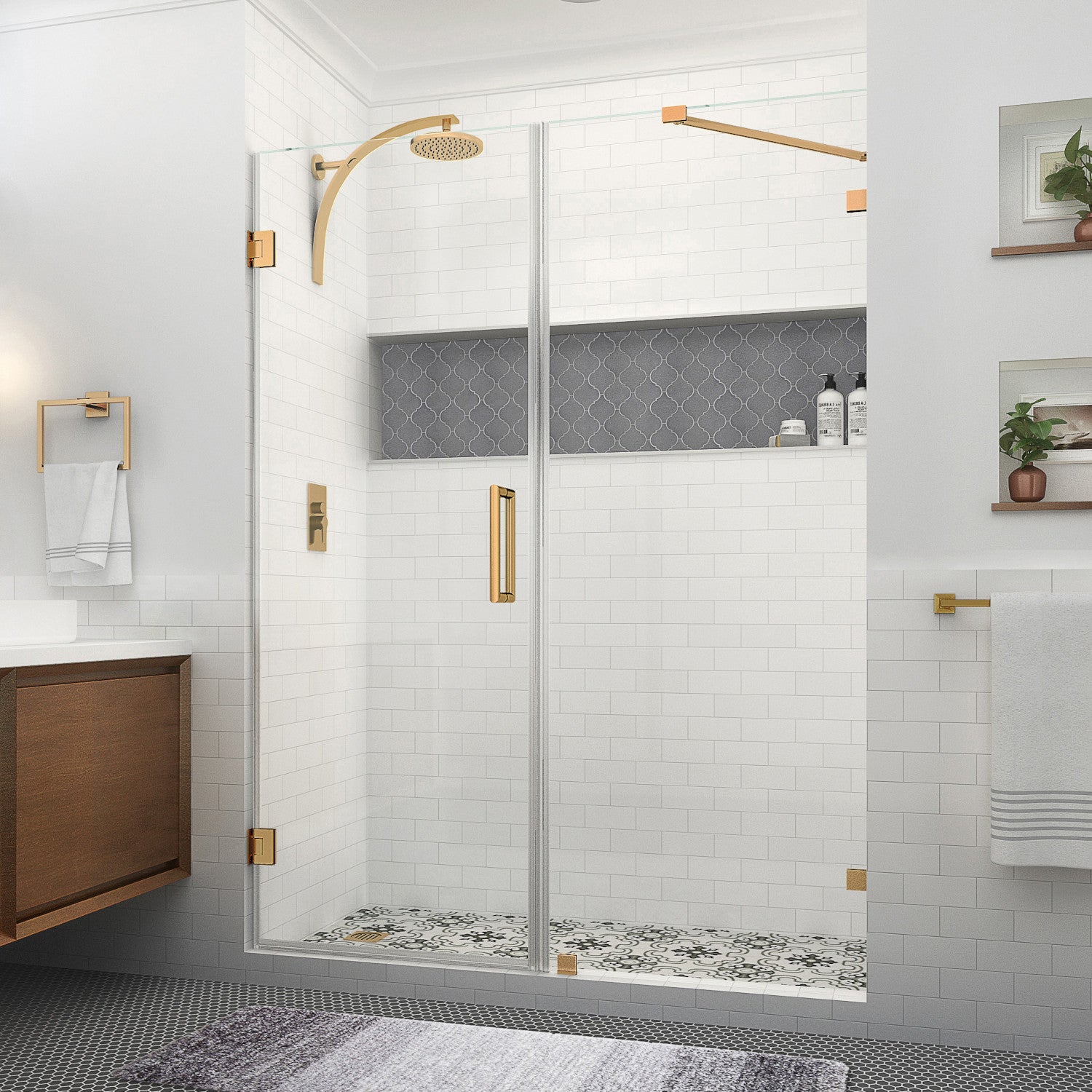 Nautis XL 56.25 in. to 57.25 in. W x 80 in. H Frameless Hinged Shower Door with Clear Glass in Brushed Gold (25 in. Door and 32 in. Fixed Panel) 1