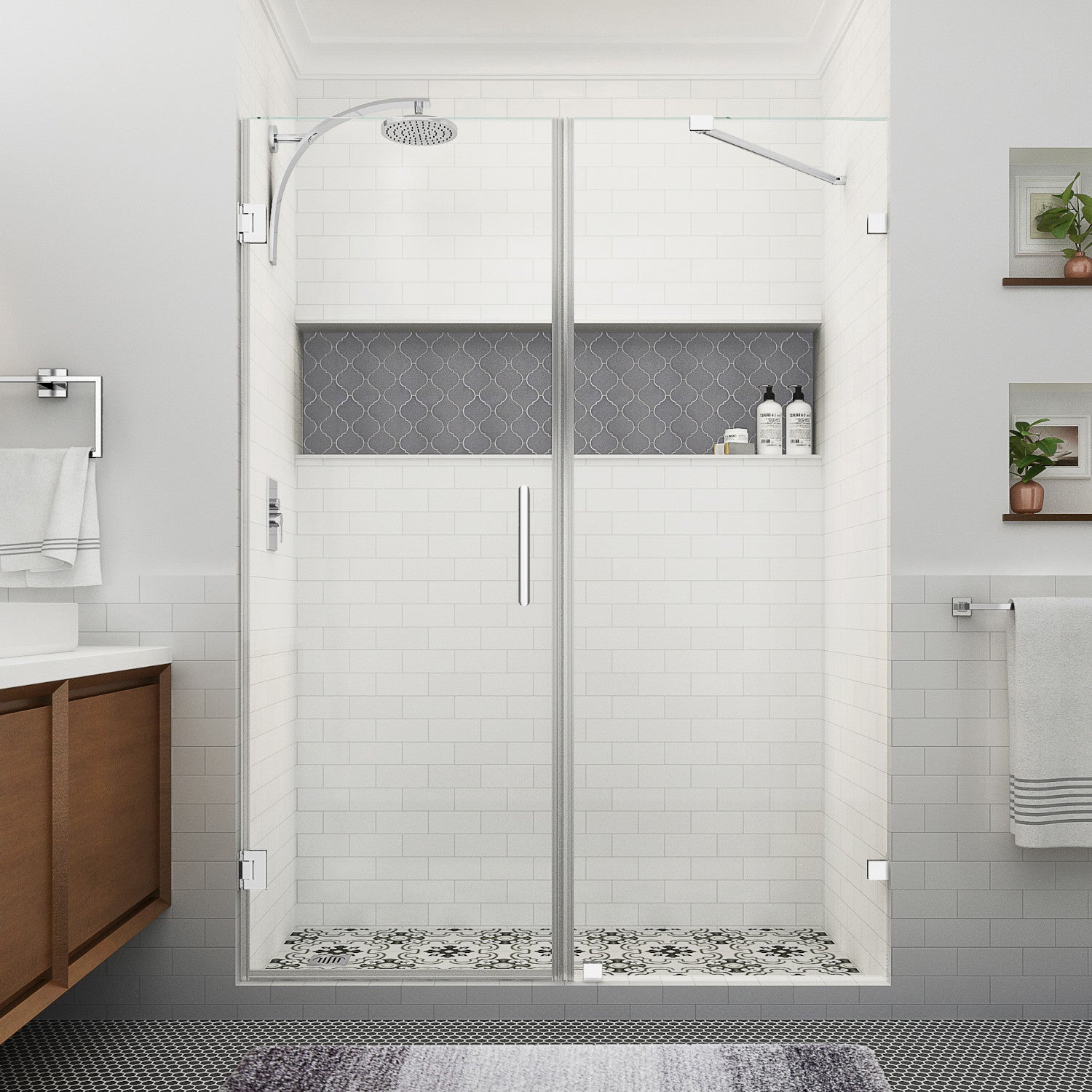 Nautis XL 64.25 in. to 65.25 in. W x 80 in. H Frameless Hinged Shower Door with Clear Glass in Chrome (33 in. Door and 32 in. Fixed Panel) 2