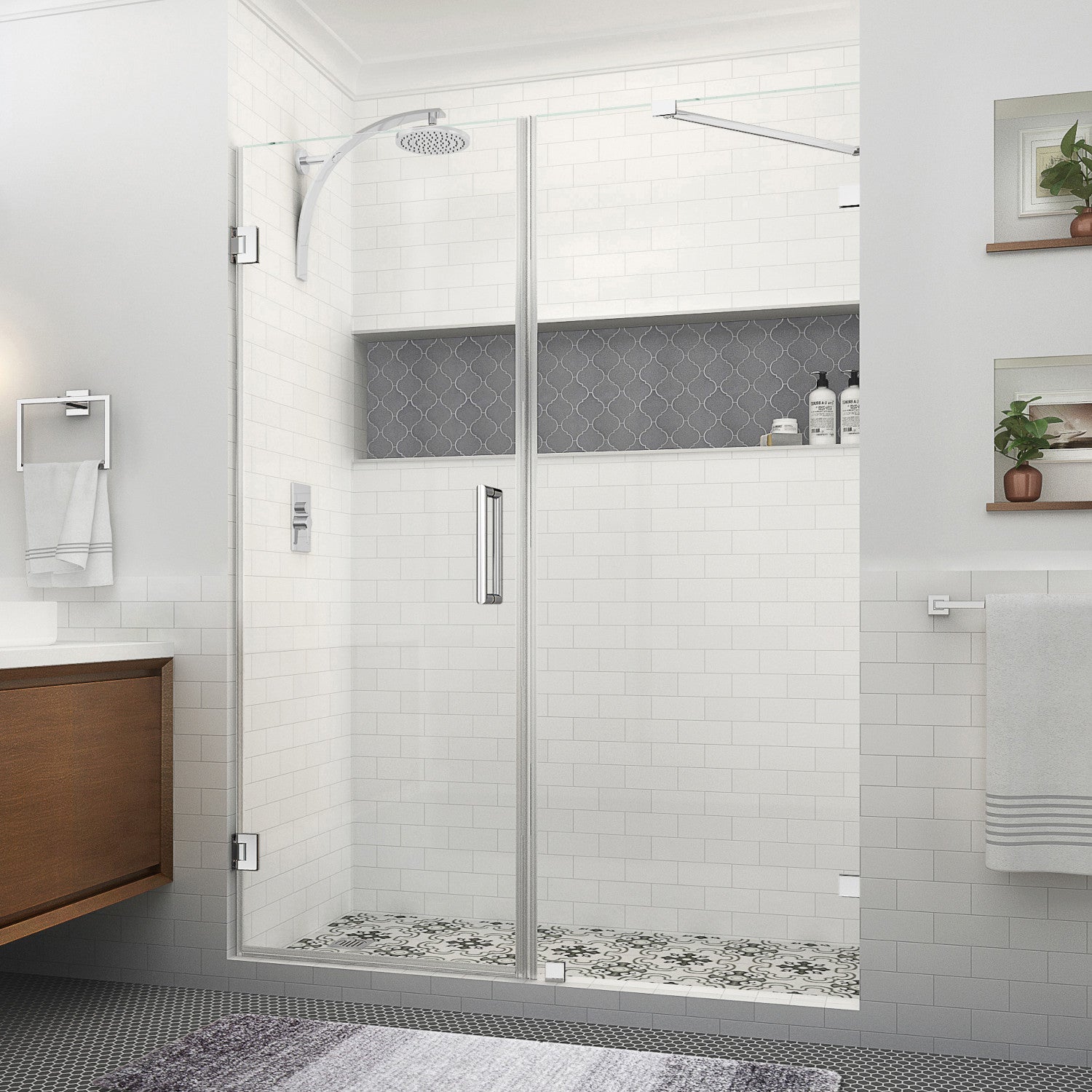 Nautis XL 66.25 in. to 67.25 in. W x 80 in. H Frameless Hinged Shower Door with Clear Glass in Chrome (35 in. Door and 32 in. Fixed Panel) 1