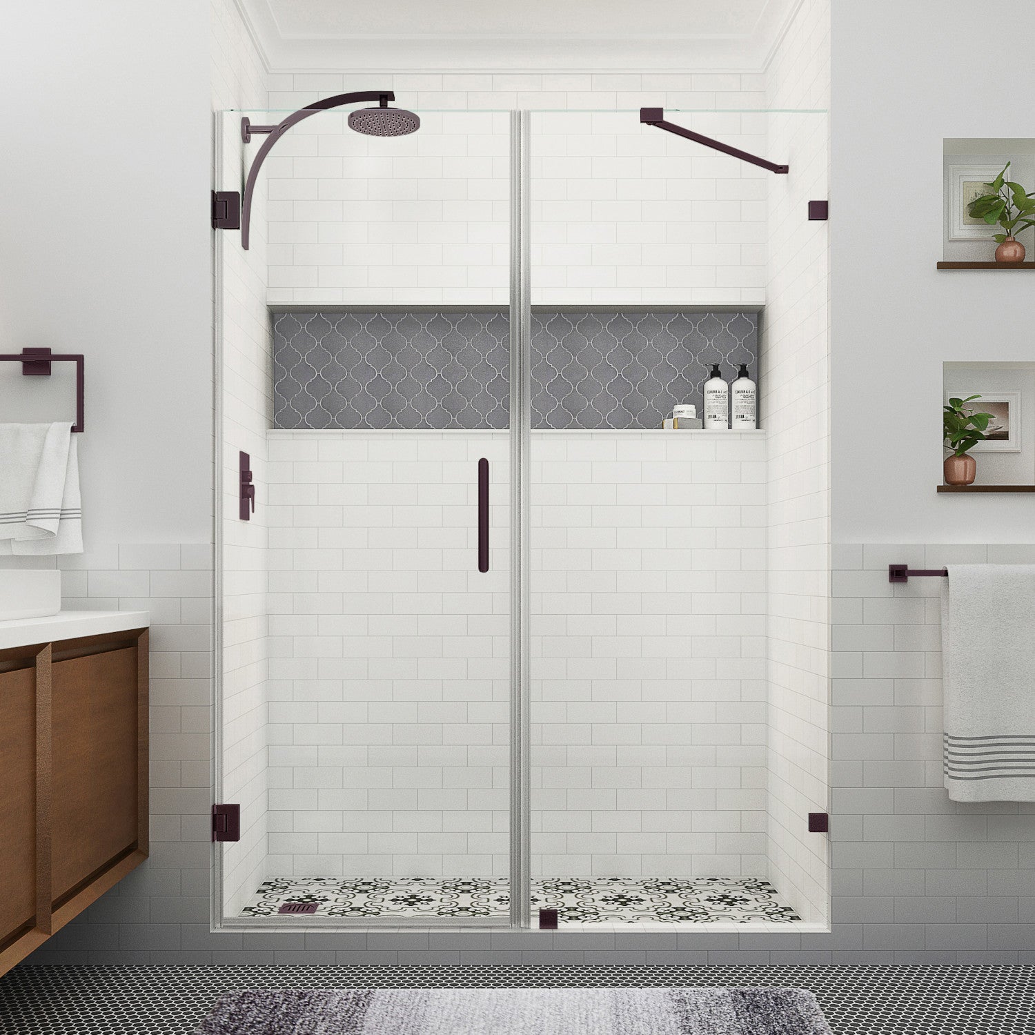 Nautis XL 69.25 in. to 70.25 in. W x 80 in. H Frameless Hinged Shower Door with Clear Glass in Bronze 2
