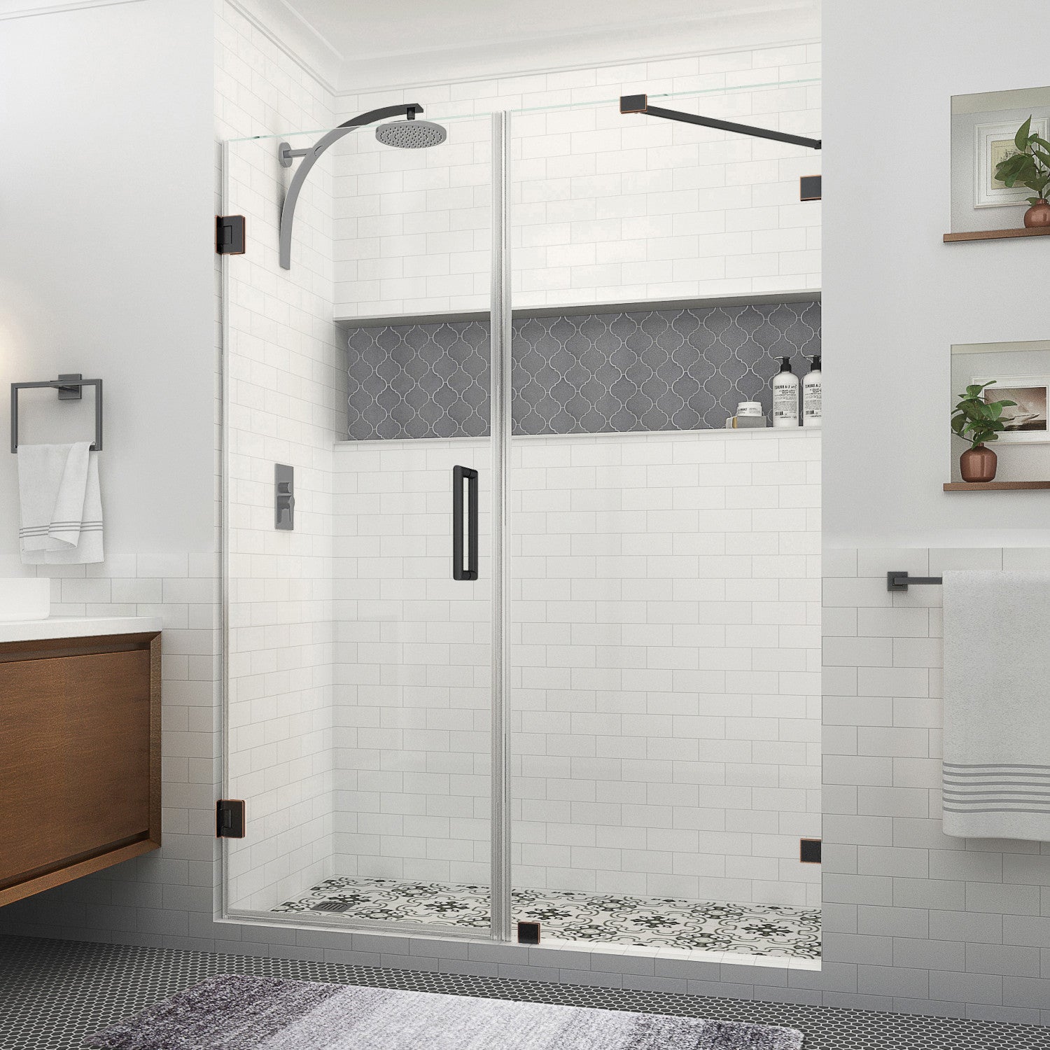 Nautis XL 69.25 in. to 70.25 in. W x 80 in. H Frameless Hinged Shower Door with Clear Glass in Oil Rubbed Bronze (38 in. Door and 32 in. Fixed Panel) 1