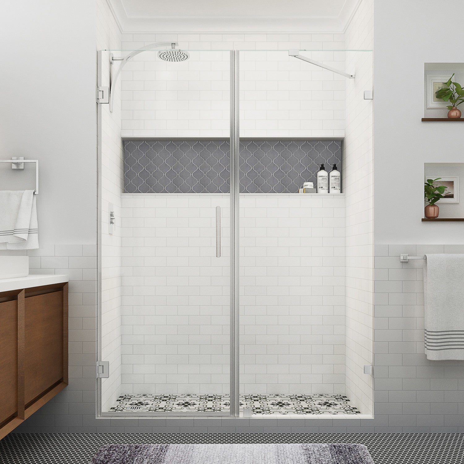 Nautis XL 68.25 in. to 69.25 in. W x 80 in. H Frameless Hinged Shower Door with Clear Glass in Stainless Steel (35 in. Door and 34 in. Fixed Panel) 2